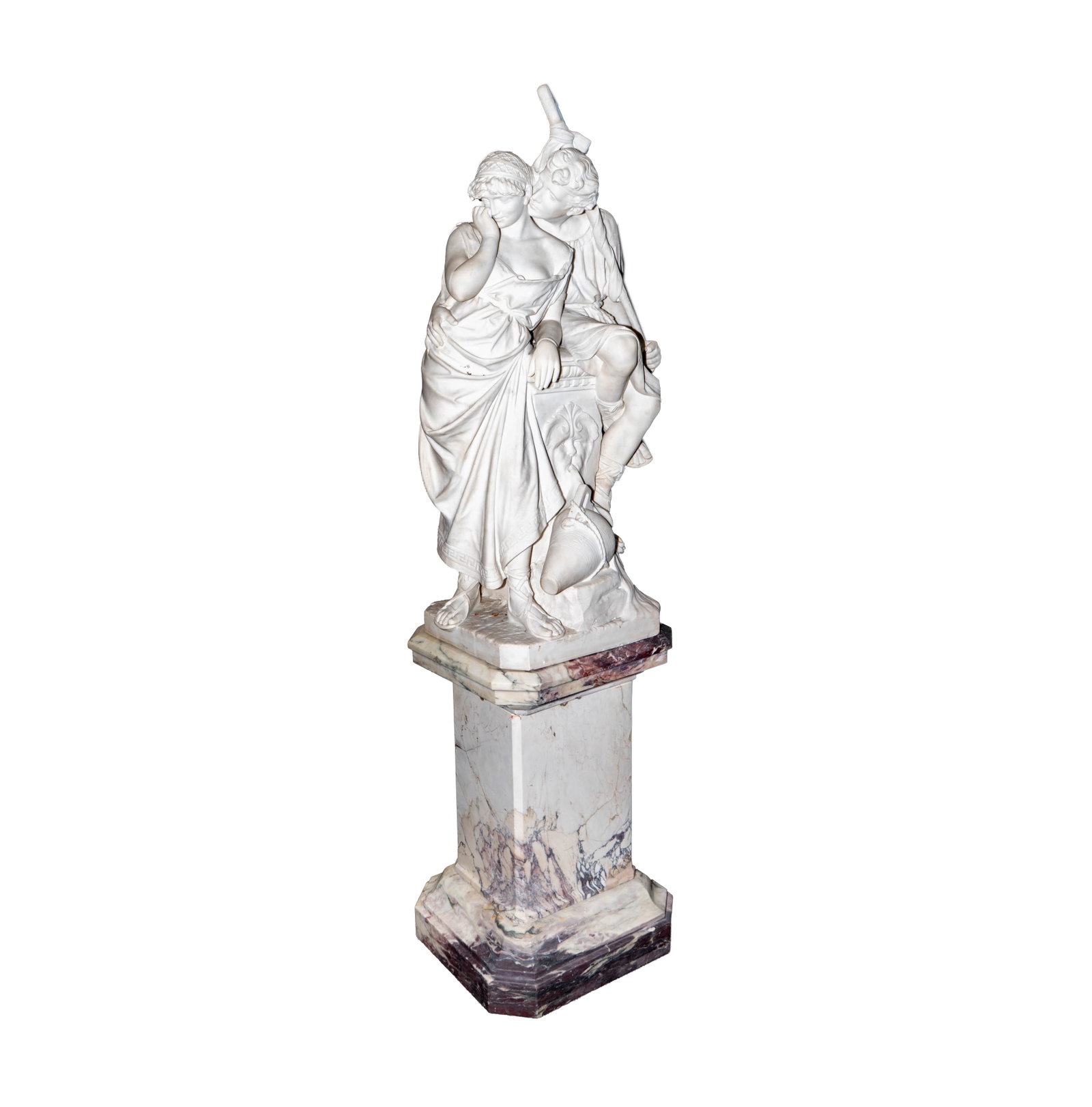 AIldebrando Bastiani (Italian, 1867-1936): Il segreto (The secret): 19th century, carved marble, inscribed; the sculpture 52 x 26 x 19, the base 33 in. 85 in. total height Sotheby's New York: Thursday, October 24, 1996 [Lot 00270] 19th Century European Paintings and