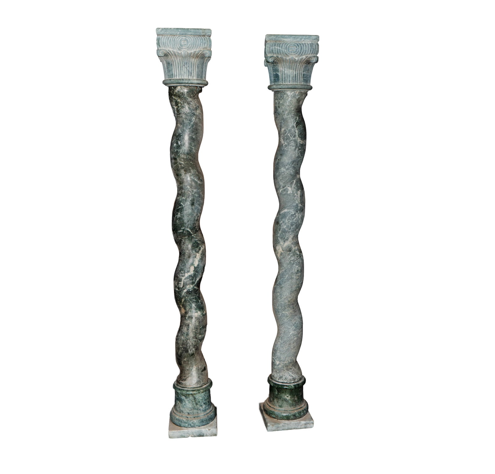 A Pair of Italian Verdigris Marble Columns: each in three parts, 97 x 12 in.