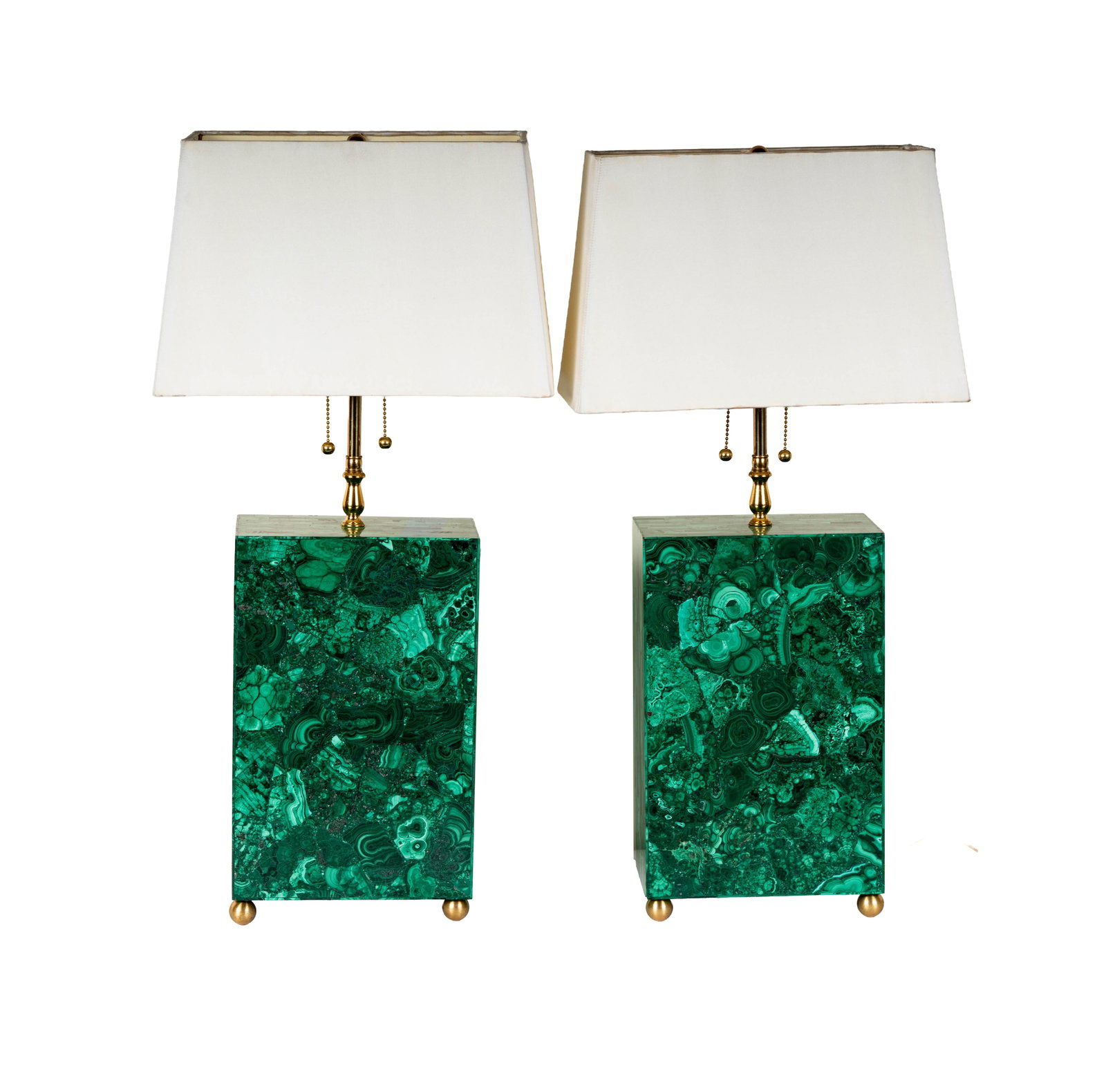 A Pair of Malachite Table Lamps: with two light clusters, overall: 27 in high