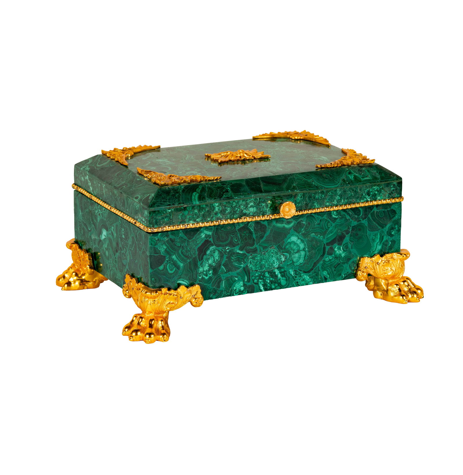 Malachite and Gilt Metal Mounted Footed Box: with ormolu and felt lined interior, 6 1/2 x 14 1/2 x 10 1/4 in.