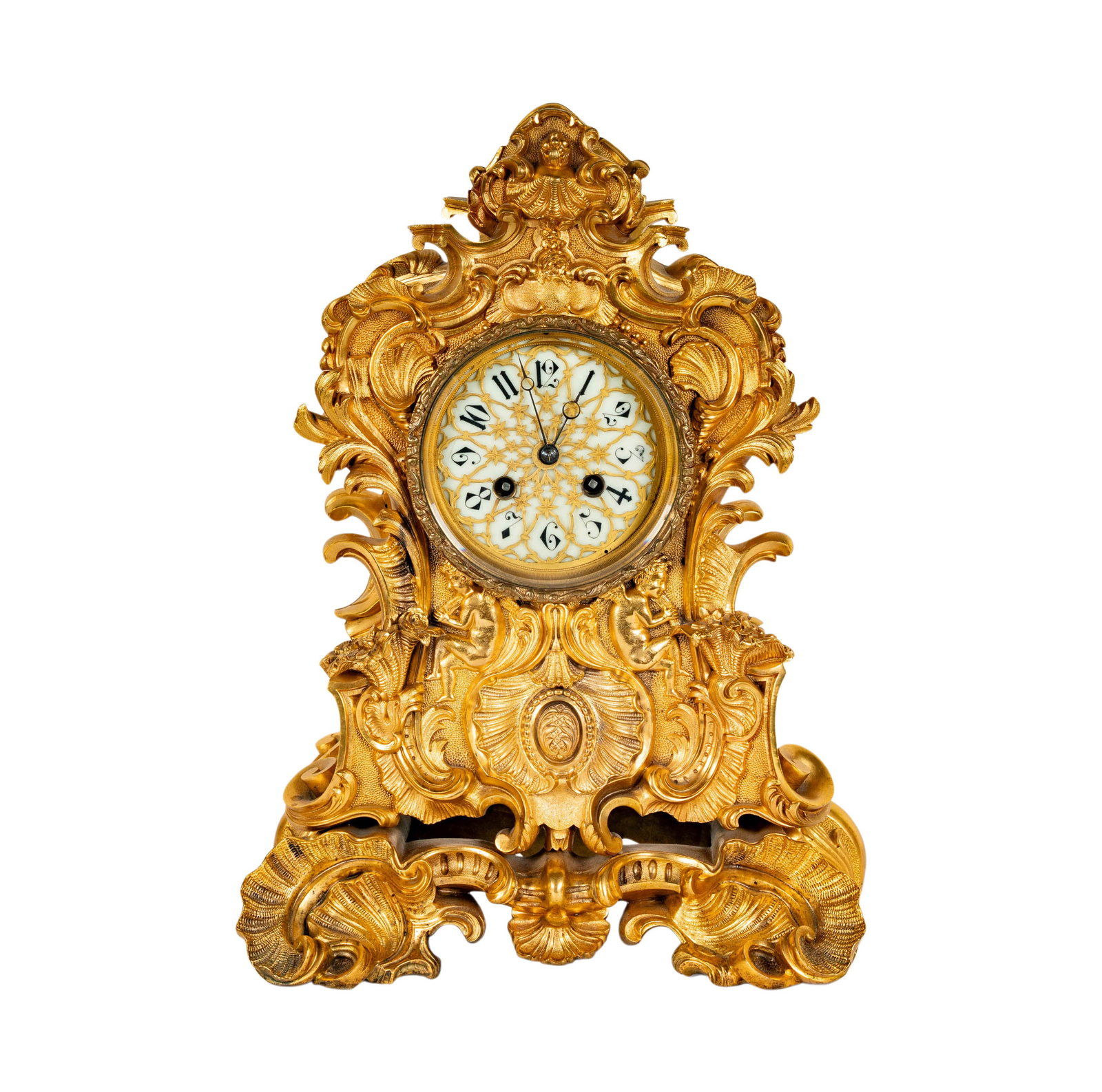 Rococo-Style Gilt Bronze Mantle Clock: with pendulum, 14 1/2 x 10 1/2 x 5 1/2 in.