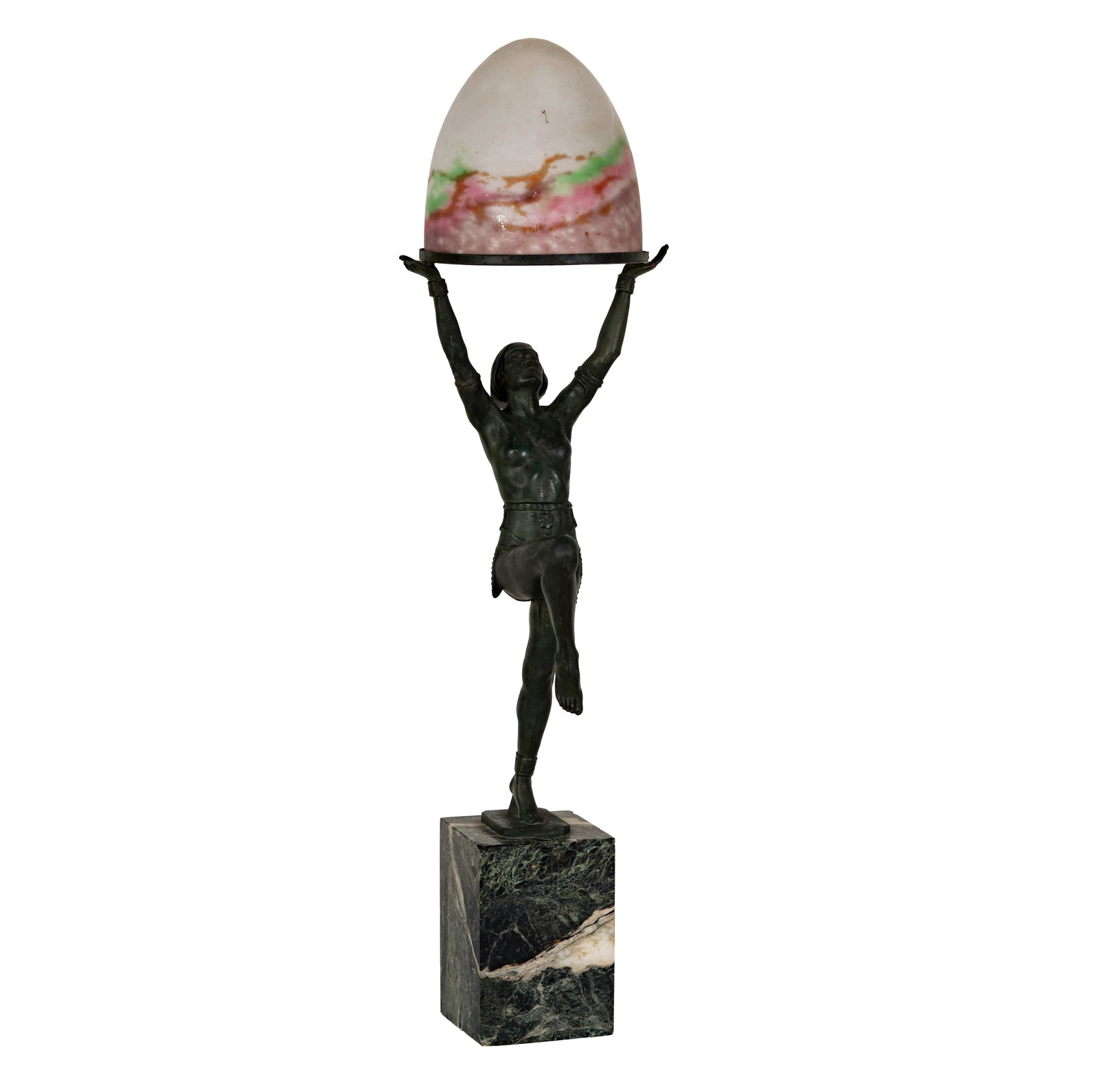 Max Le Verrier (1891-1973): Figure of a Dancer: patinated bronze, mounted to marble plinth, the figure supporting a domed mottled glass shade; inscribed "M. Le Verrier" to marble plinth and "Muller Fres Luneville" to shade, overall: 31 in. high, fi