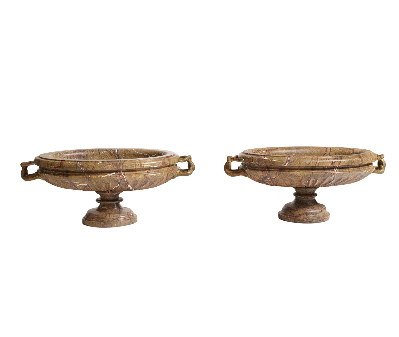 A Pair of Italian Oval Tazze with Snake Form Bronze Handles: 12 3/4 x 30 1/2 x 18 in.