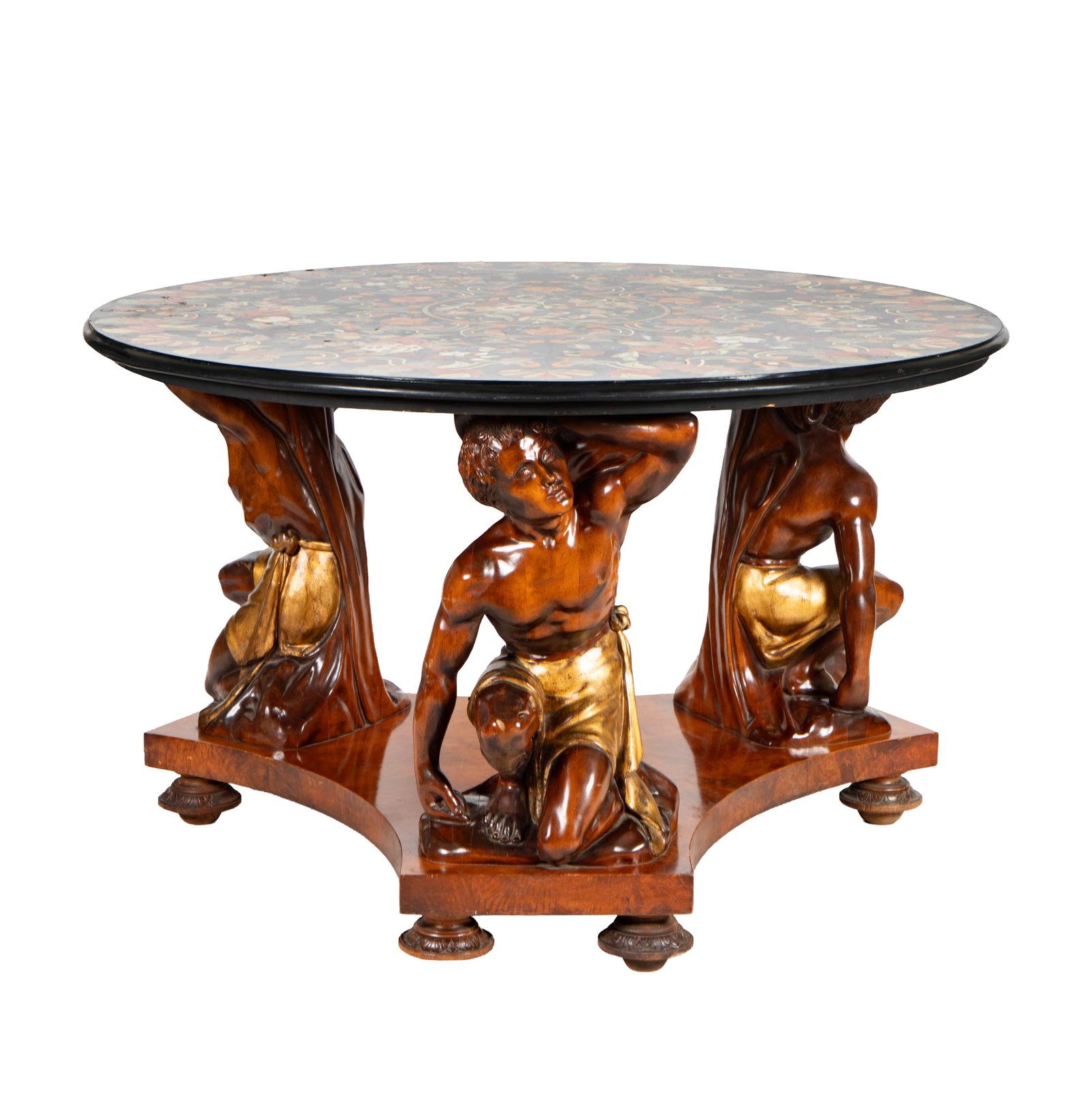 An Italian Specimen Marble and Figural Wood Carved Table: with floral design to top, 35 1/2 x 57 1/4 in.