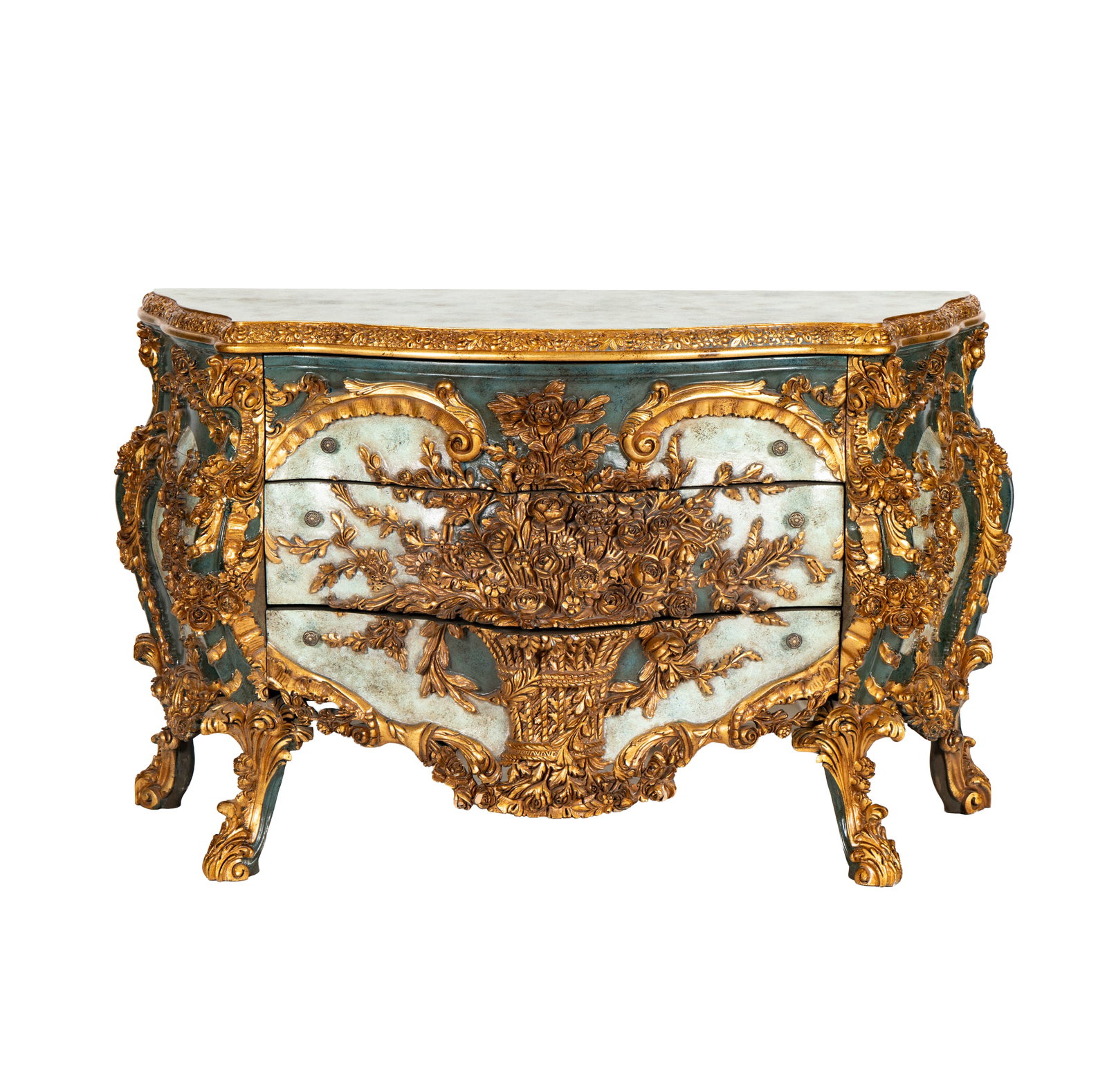 A Venetian-Style Painted Wood Carved and Parcel Gilt Chest of Drawers: 37 1/4 x 62 1/4 x 22 in.
