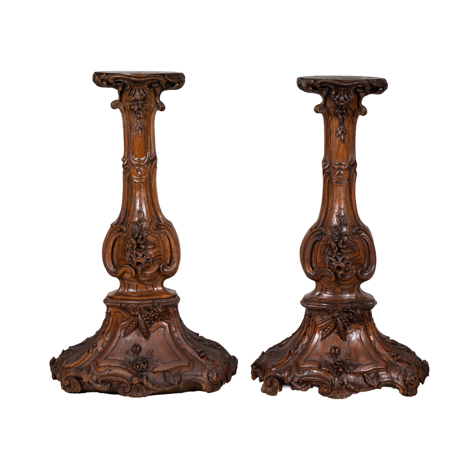 Pair of Antique French Carved Fruitwood Pedestals: 48 x 29 x 15 in.