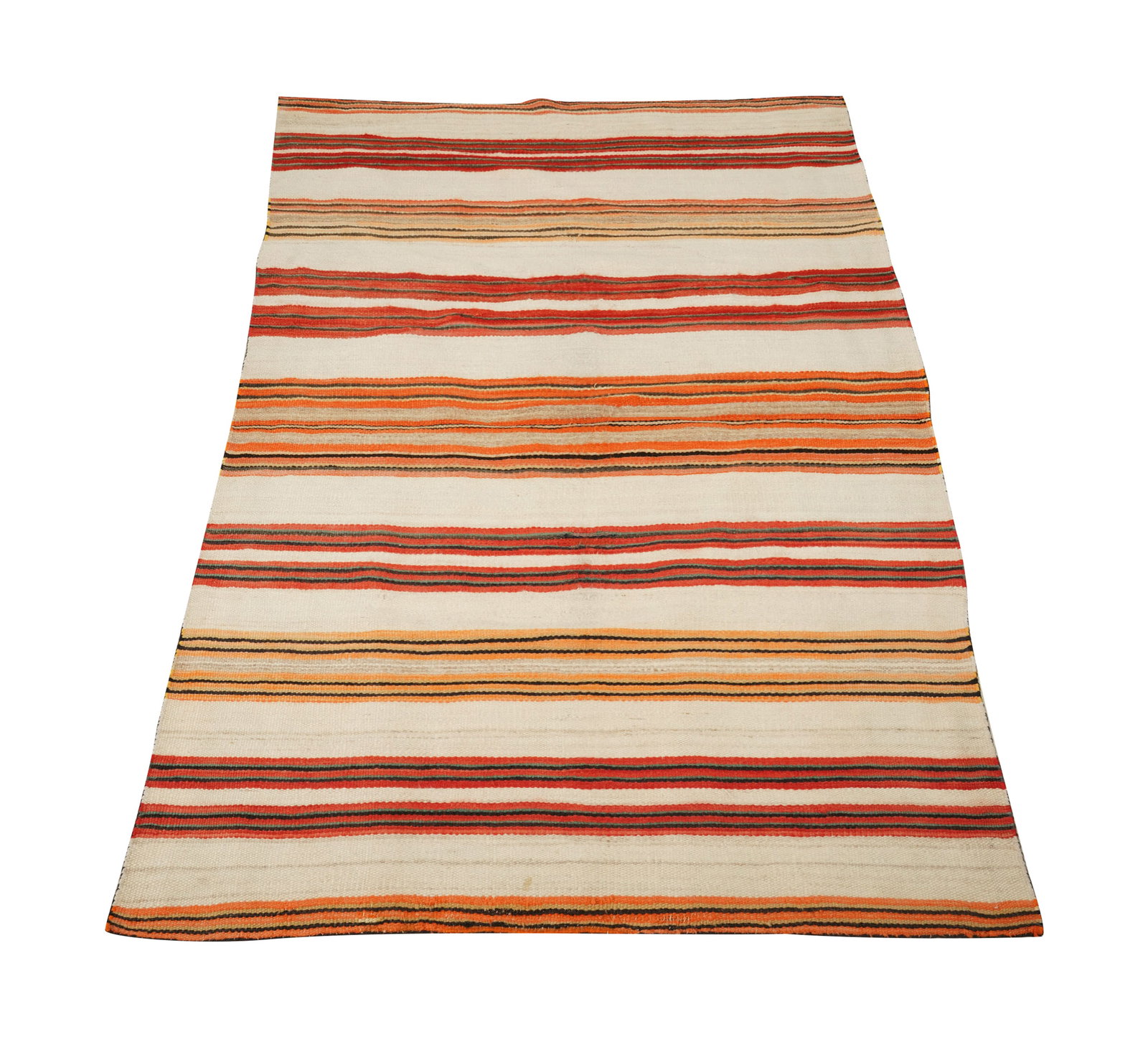 A Navajo Transitional Borderless Banded Blanket: 19th century, with white background, featuring the widest band at center, narrowest bands at the ends, and six intermediate bands (some appearing as paired bands), each composed of multicolored stripe