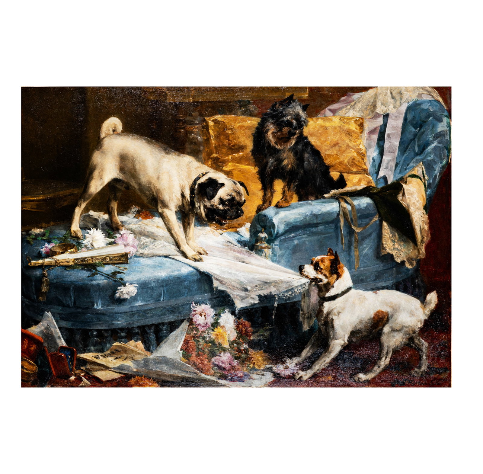 Charles Van Den Eycken II (1859 - 1923), Playing Havoc: 1894, oil on canvas, signed lower right, 32 1/2 x 46 1/2 in., frame: 40 x 53 1/2 in. The Collection of Lady Victoria White, Beverly Hills, Ca