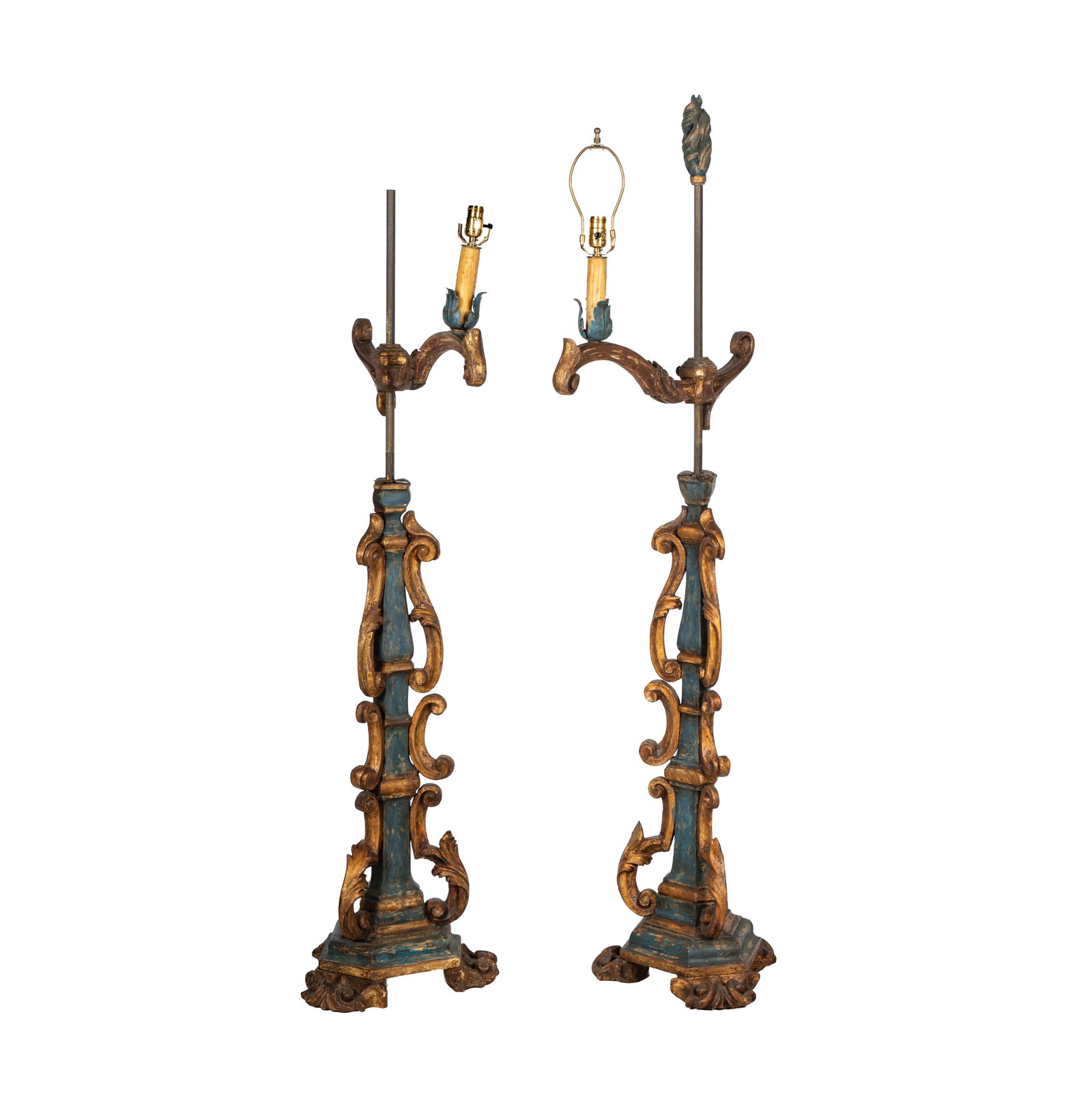 A Pair of Antique Italian Painted Candlestick Floor Lamps: adjustable, with finial 72 in. high
