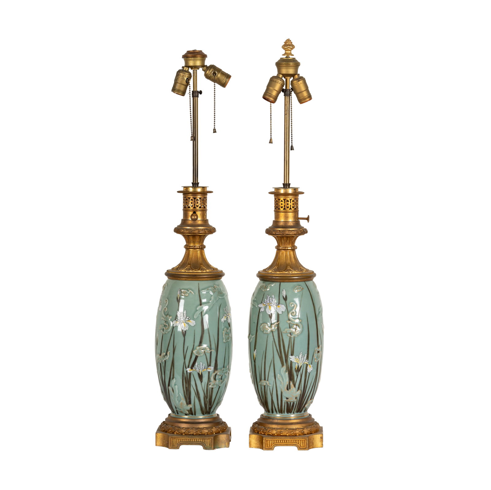 Pair of Celadon Porcelain and Gilt Bronze Mounted Table Lamps: vase: 12 1/4 in. high, overall: 35 in. high
