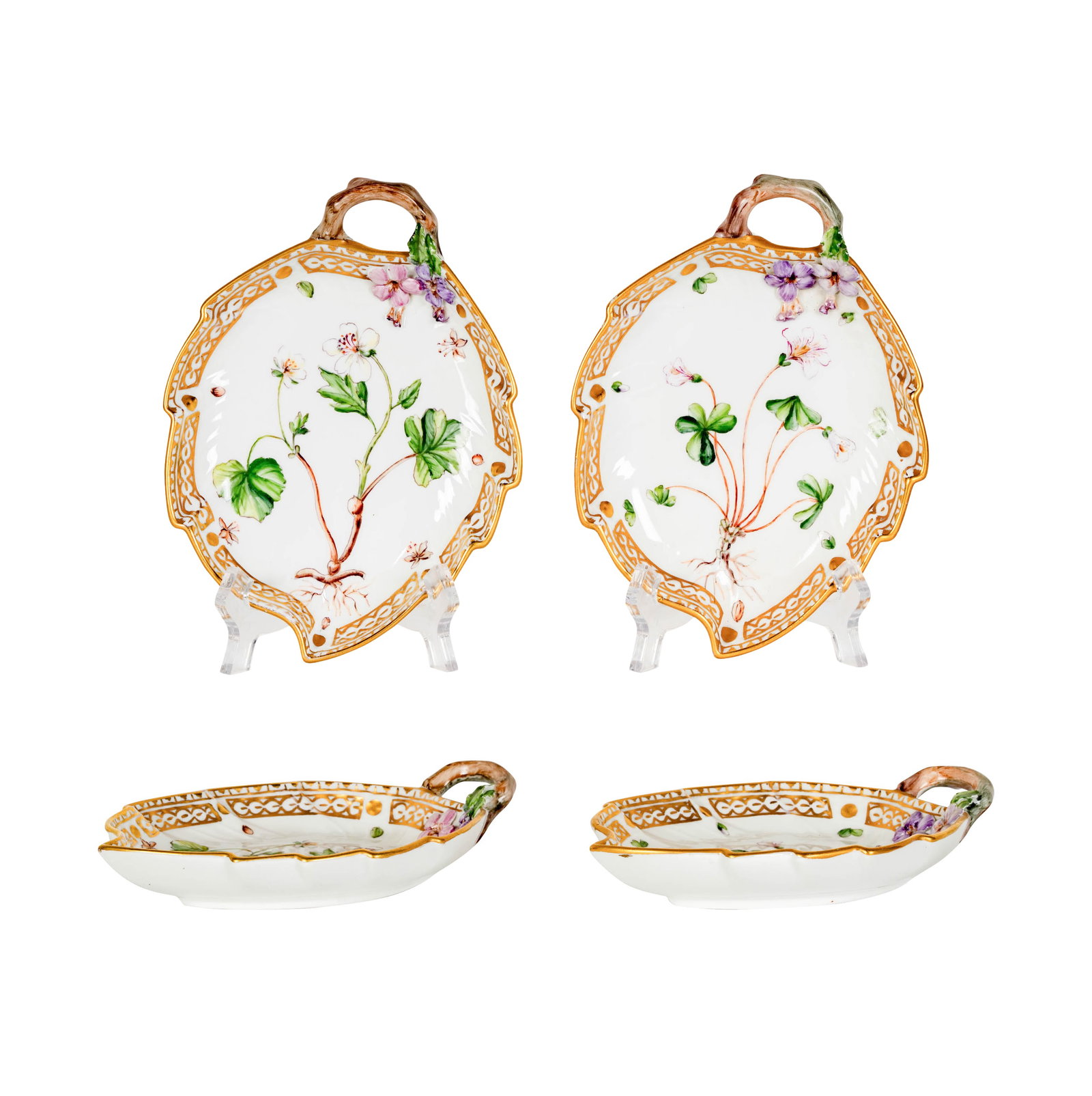 Two Royal Copenhagen 'Flora Danica' Leaf-Form Serving Dishes: each with maker's mark to underside, 7.25 x 5.5 in.