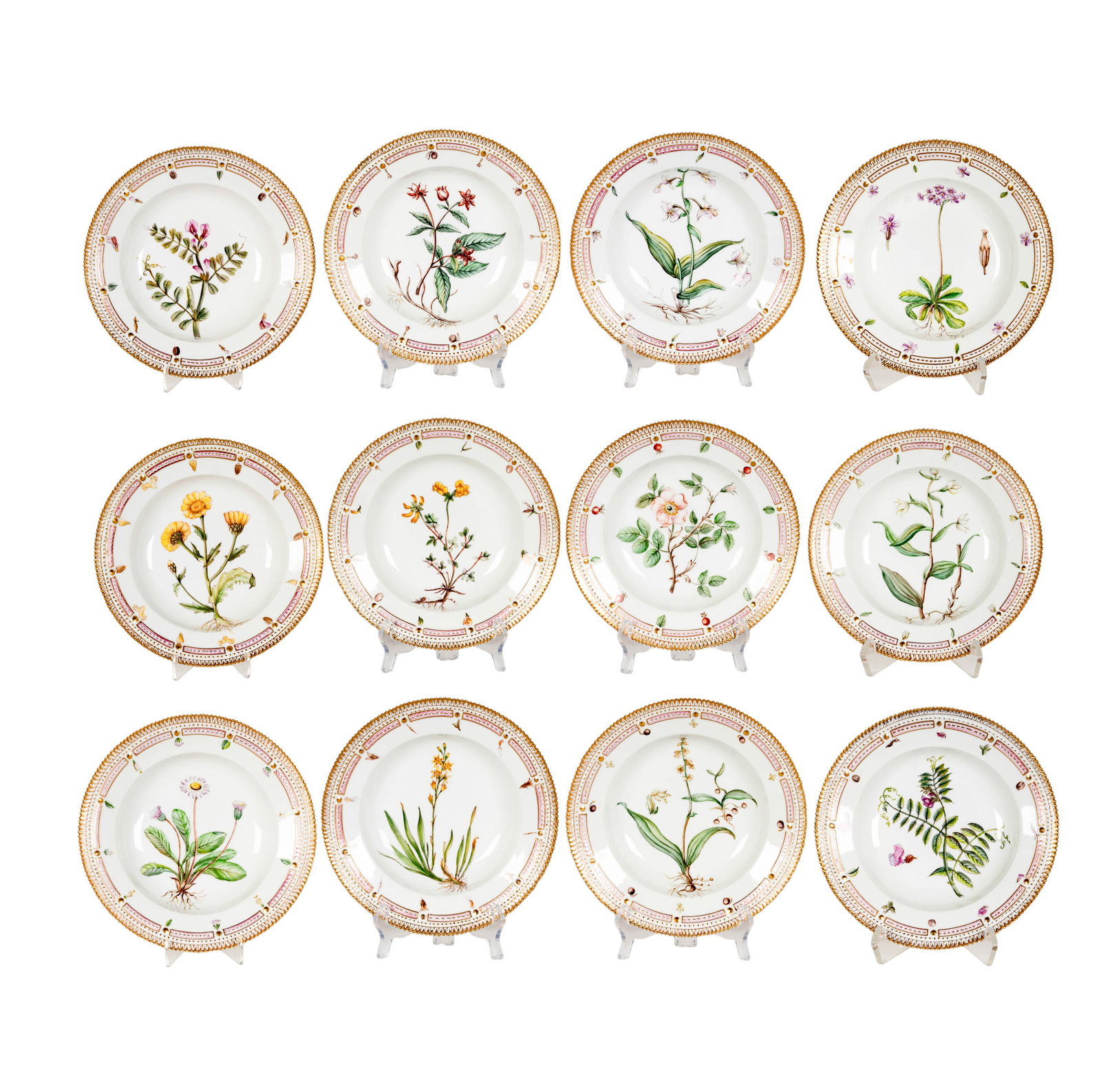 Twelve Royal Copenhagen 'Flora Danica' Soup Bowls: each with maker's mark to underside, 2 x 9.75 in.