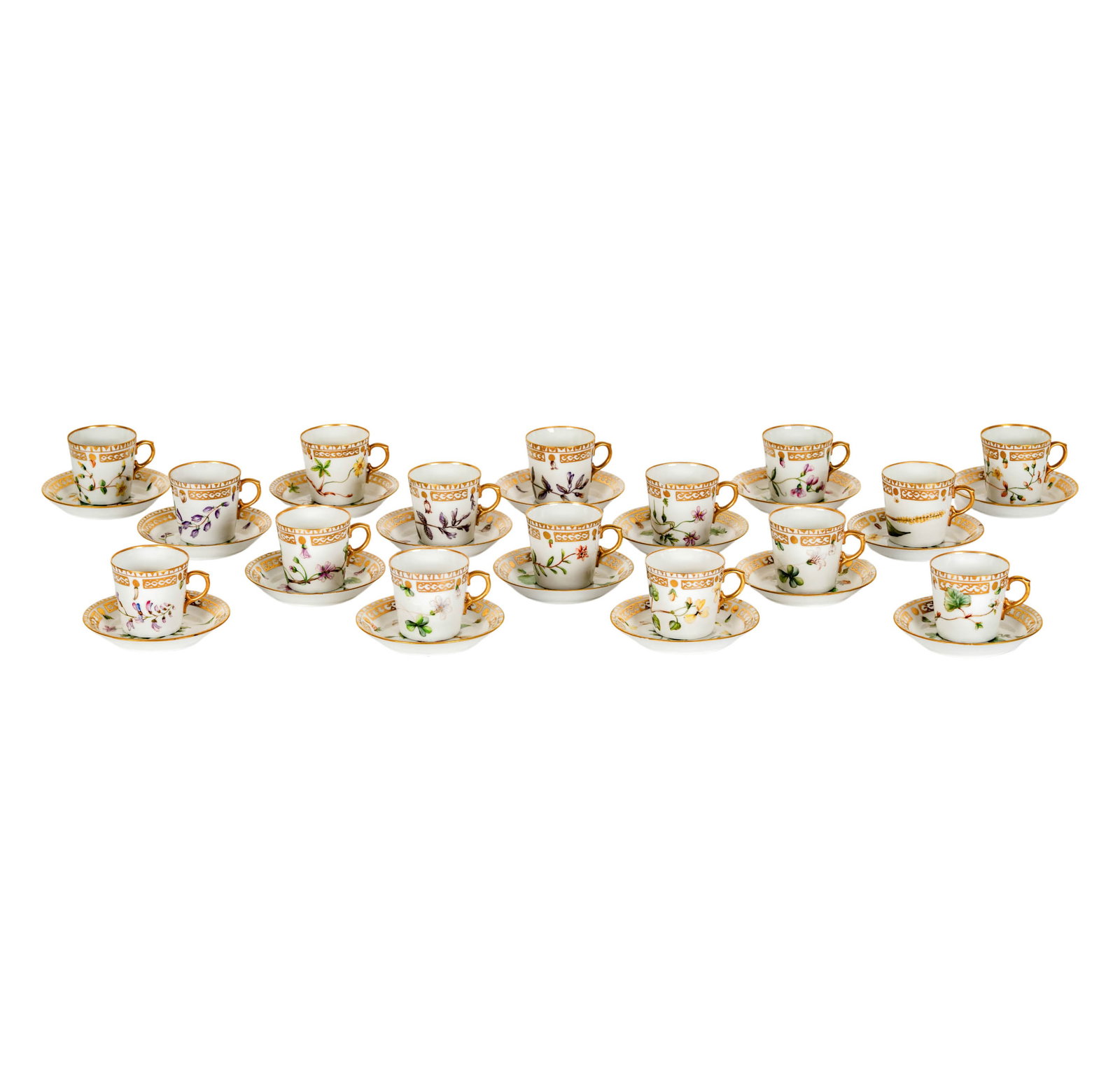 Set of Sixteen Royal Copenhagen 'Flora Danica' Cups and Saucers: each with maker's mark to underside, cups: 2 x 3 x 2.25 in., saucers: 4.25 in. diameter