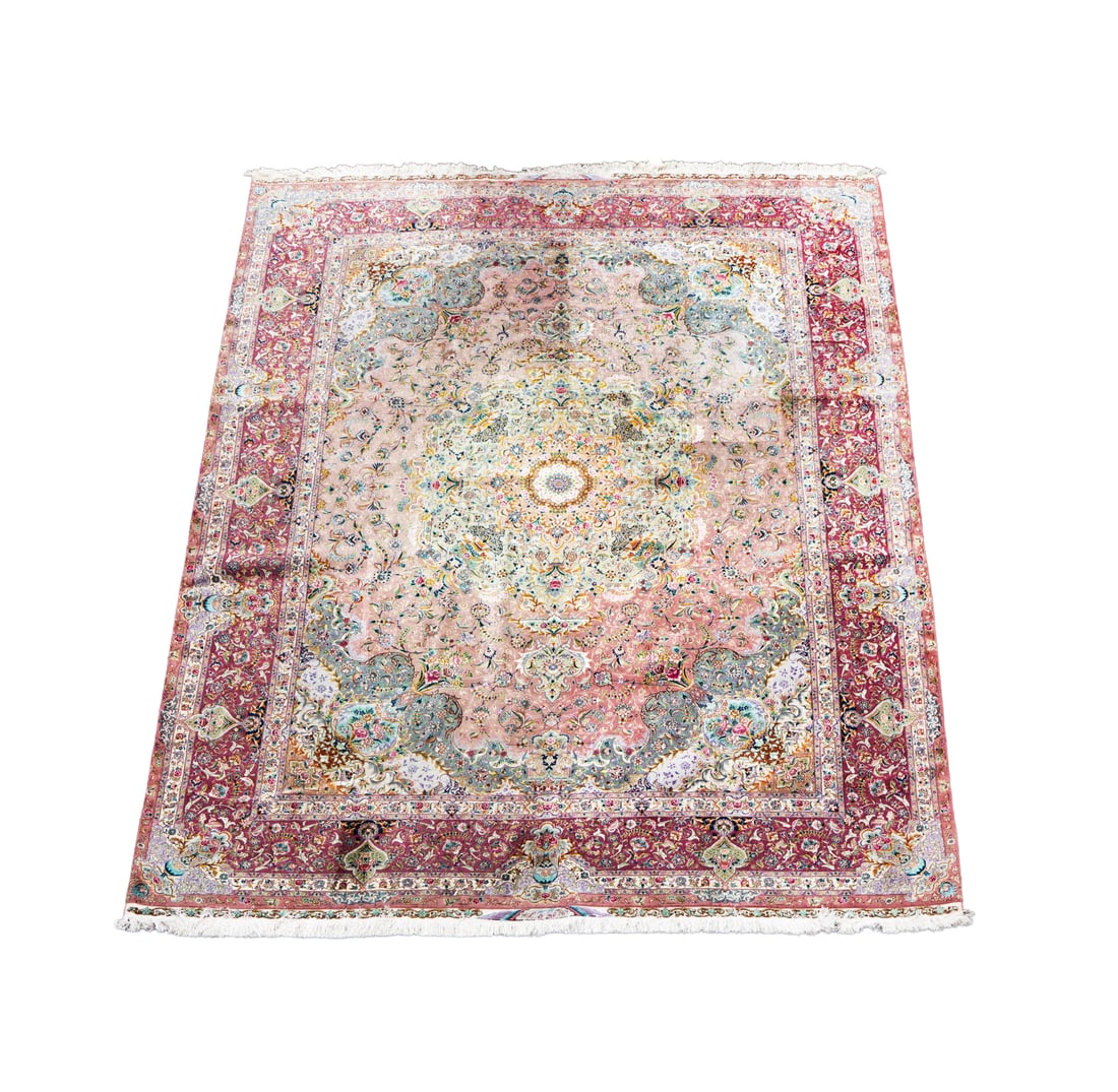 A Silk Tabriz Pink Field Rug 13'10" x 9'7"" ": silk and wool, 13'10" x 9'7"