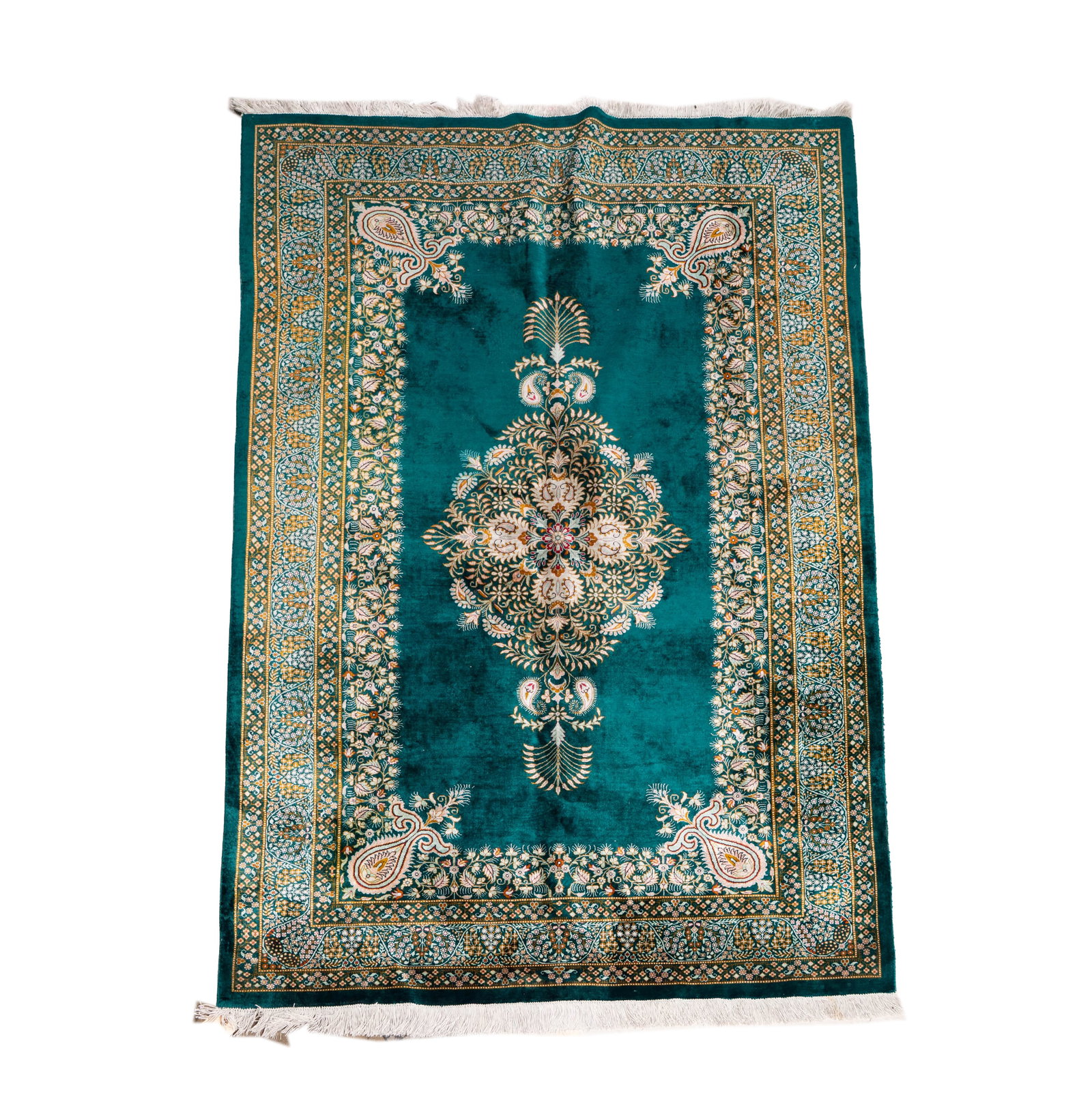 A Silk Green Field Qum Throw Rug 6'4" x 4'1""": silk, 6'4" x 4'1"