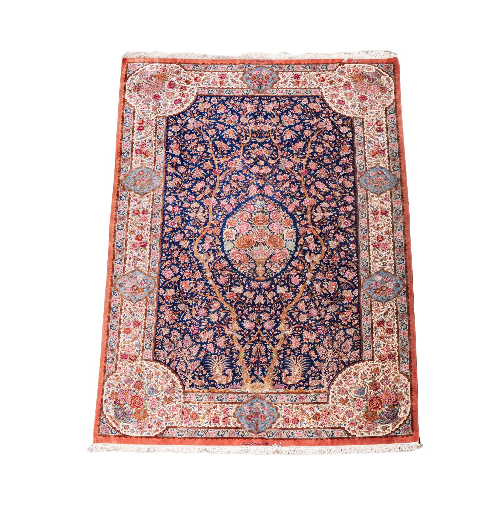 A Qum Silk Floral Rug 10'2" x 6'8""": silk, signed, 10'2" x 6'8"