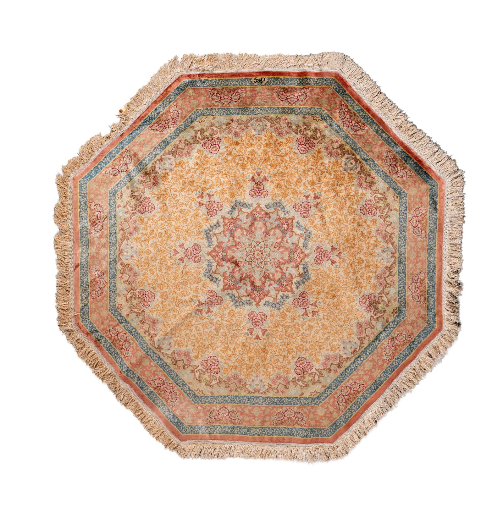 A Tabriz Silk Octagonal Throw Rug 5' x 5': silk, signed, 5' x 5'