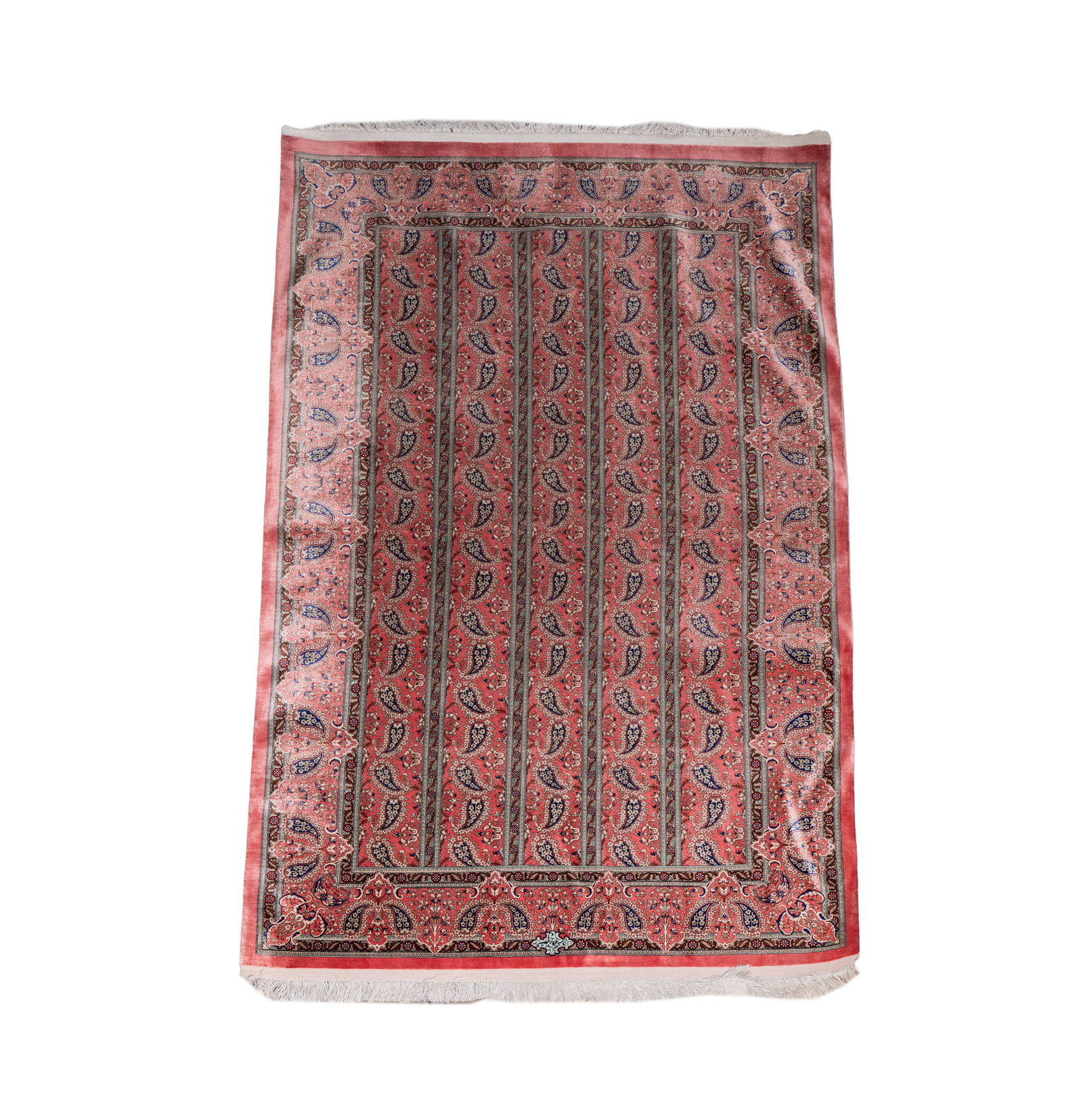 A Qum Silk Pink Field Rug 7' x 4'3"": silk, signed, 7' x 4'3"