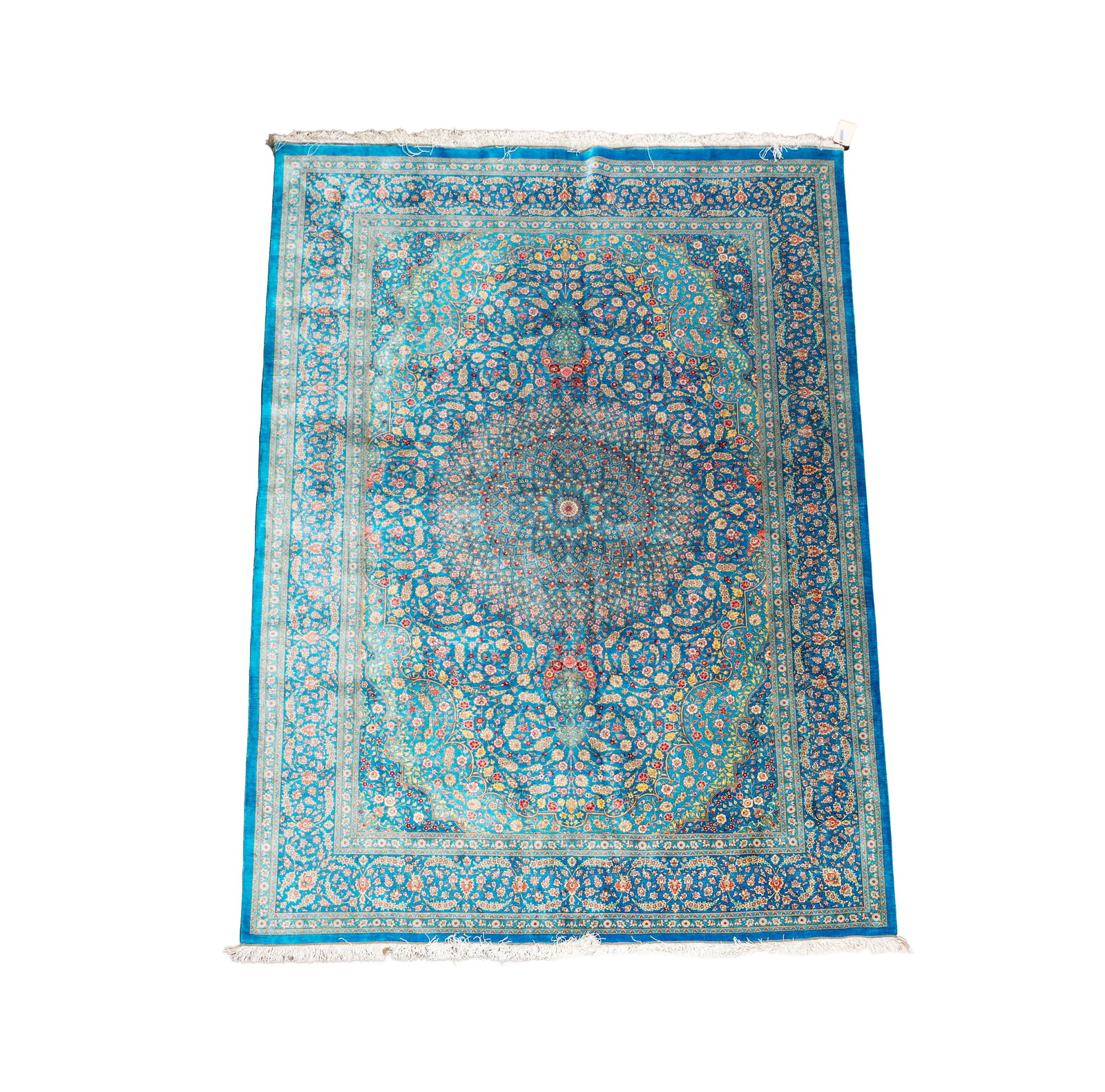 A Qum Silk Blue Field Rug 9'7"x 6'5""": silk, signed, 9'7"x 6'5"