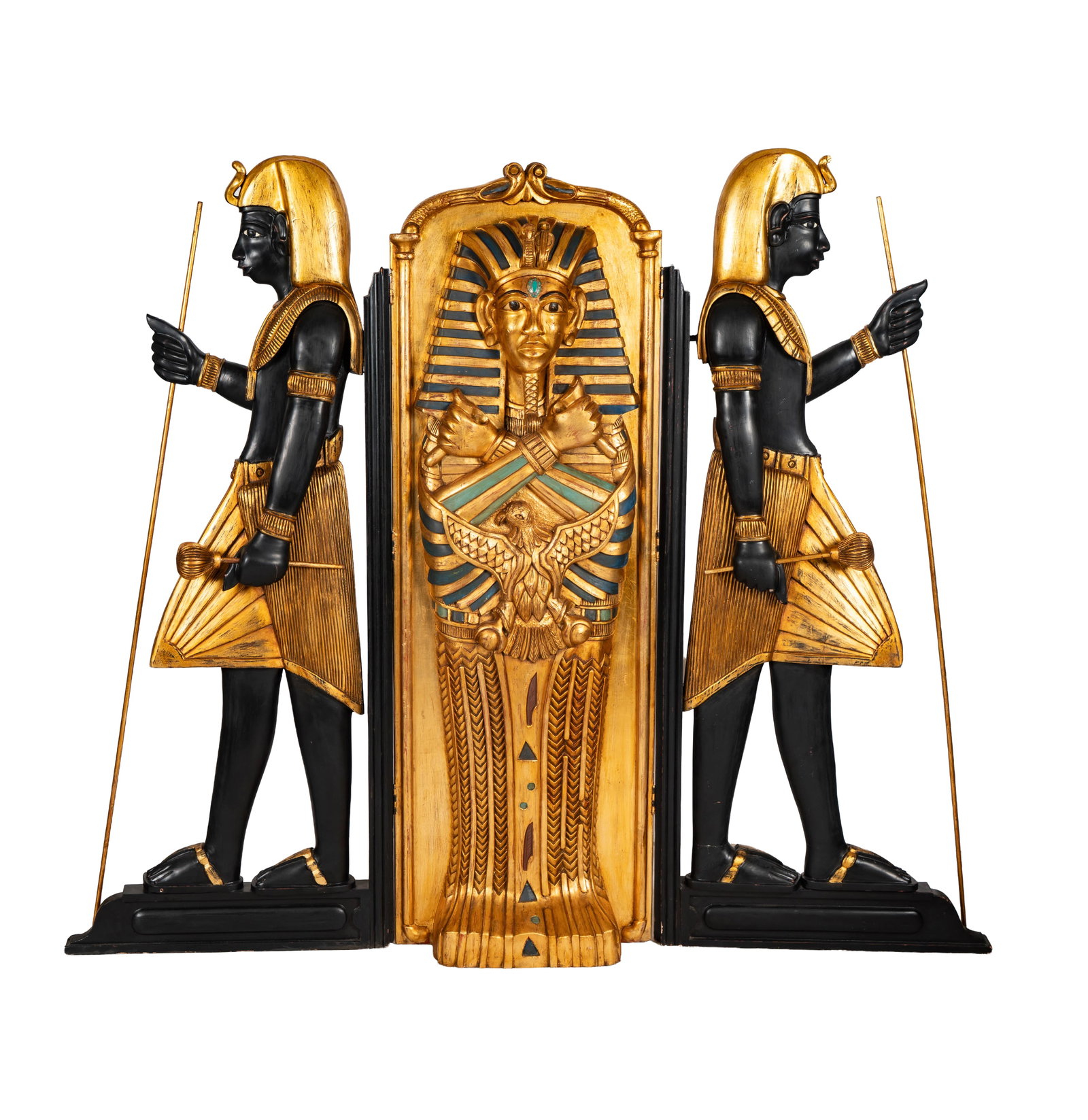 A Egyptian-esque Carved and Polychrome Three-Panel Screen (1 of 20)