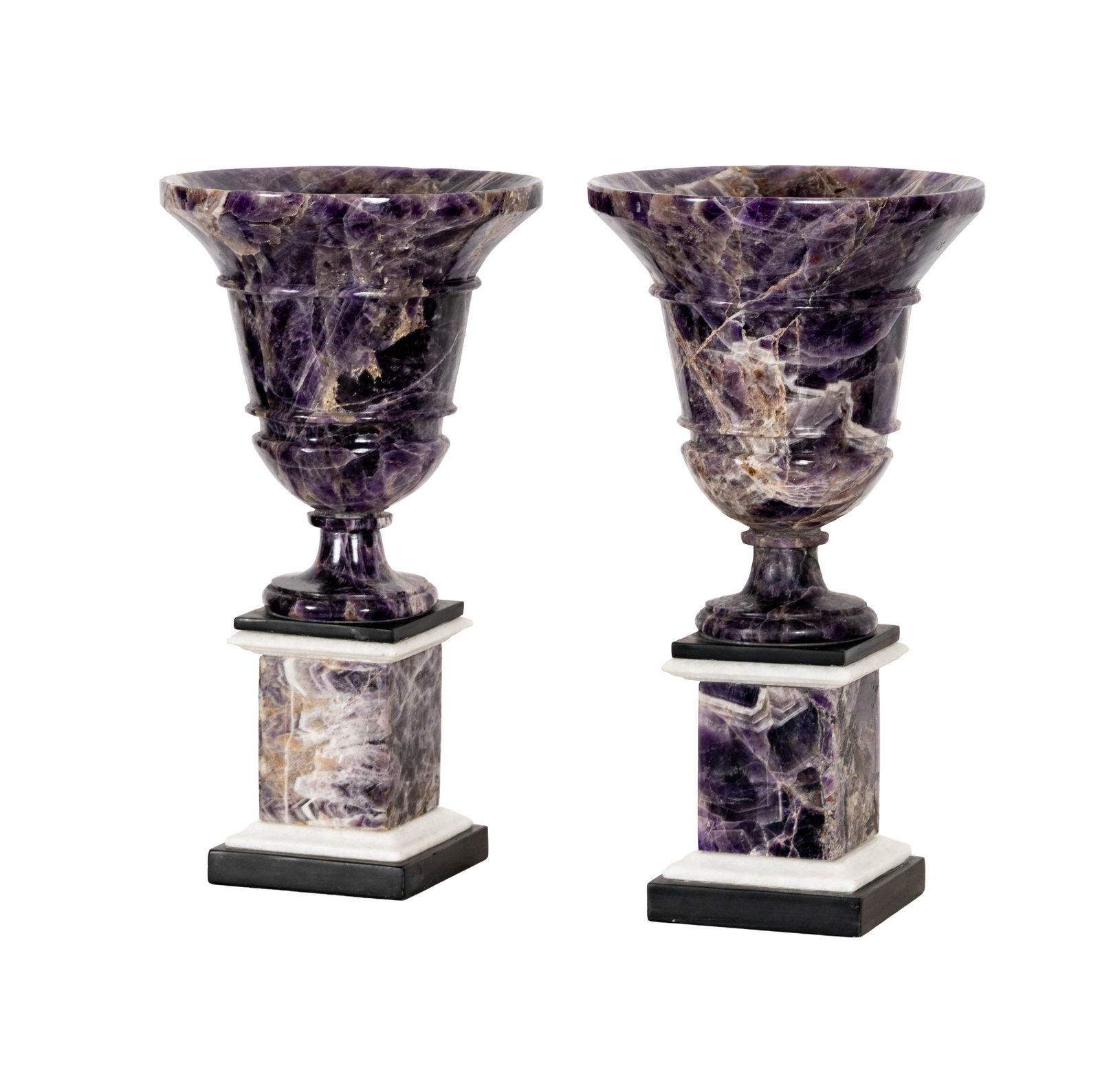 A Pair of Russian Amethyst Urns with Marble Bases: 18 x 9 3/4 in.