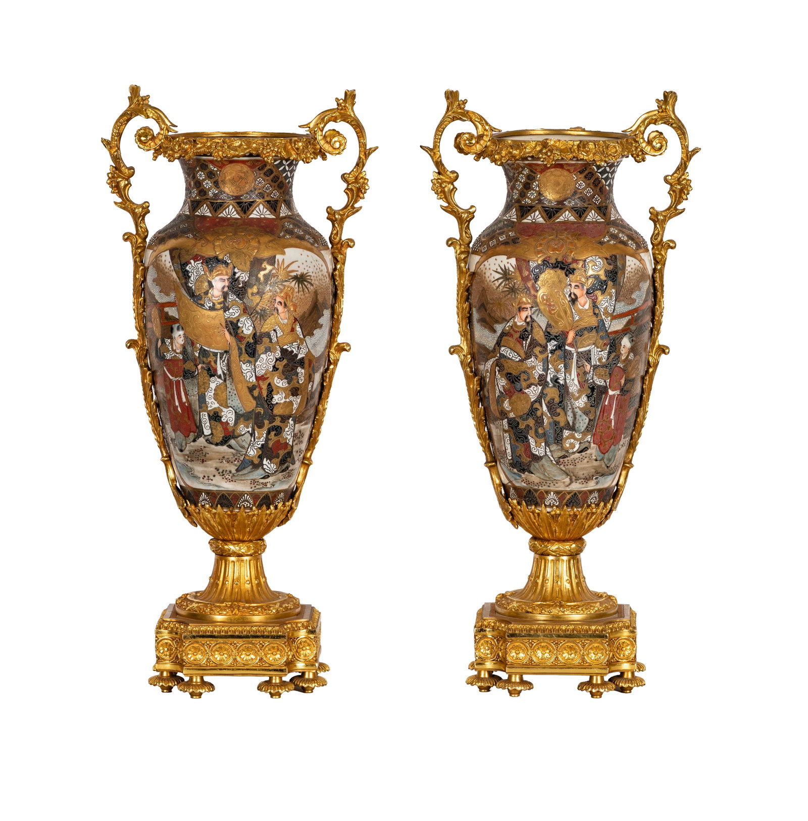 A Pair of Satsuma Vases with Dore Bronze Mounts: 23 x 10 3/4 x 7 in.