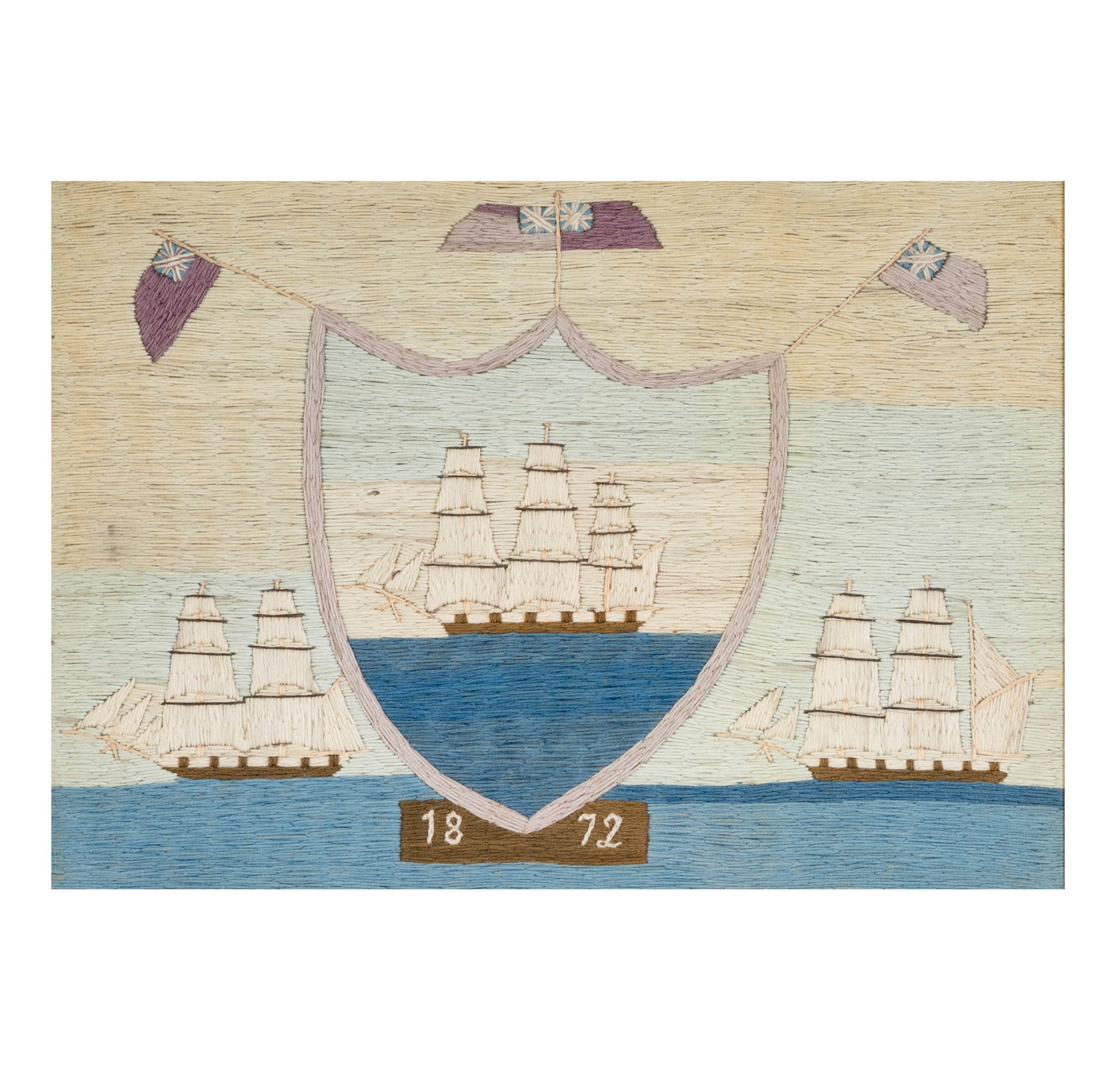 19th Century Sailor Wool Work: 19th century, sailor woolwork, three-masted ship within shield, flanked by two-masted ships; three British flags at upper register; dated 1872, sight: 11 1/2 x 15 in., frame: 17 1/2 x 22 in.