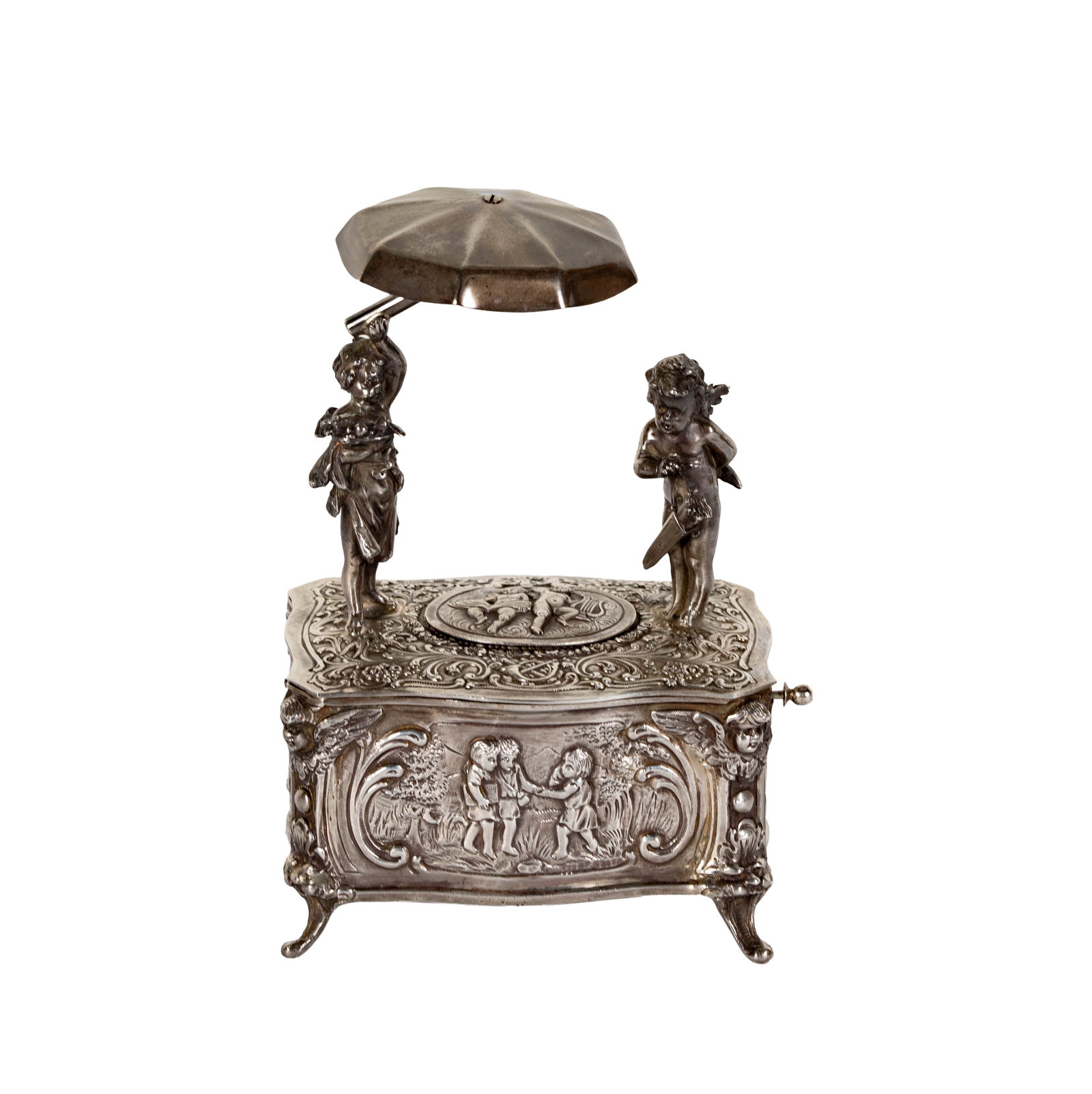 Karl Griesburg Sterling Silver Singing Bird Box: Including one Karl Griesberg sterling silver bird box, measuring 6-3/4 inches by 4-1/2 inches by 3-1/4 inches, weighing 872 grams; with key and currently in working order;