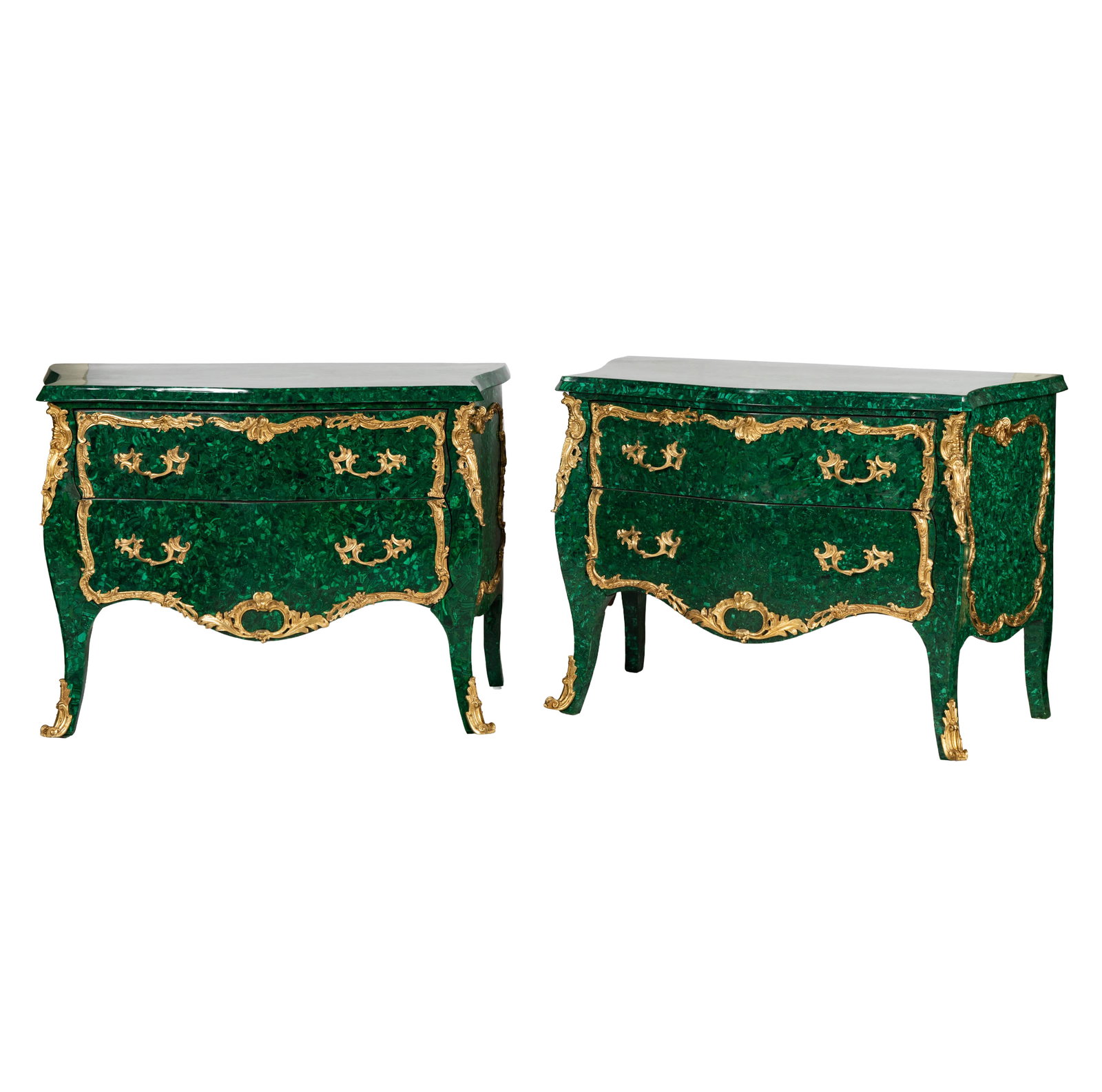 A Pair of Louis XV-Style Malachite Veneer Chests of Drawers (1 of 15)
