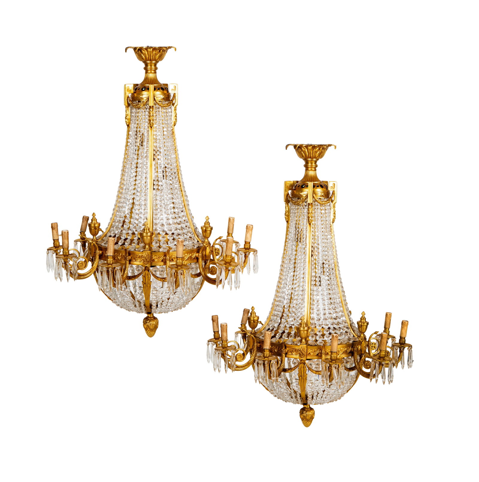 A Pair of French Neoclassical Style Dore Bronze and Cut Crystal Chandeliers: each with 10 lights