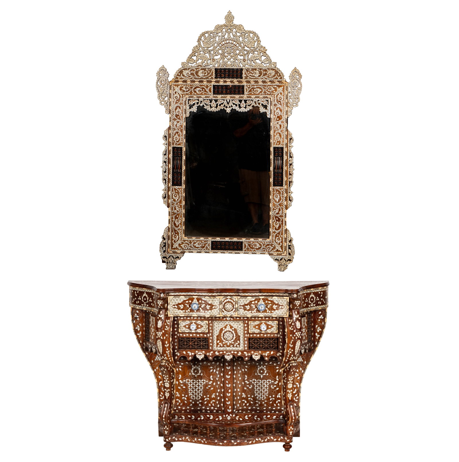 A Syrian Mother of Pearl Inlaid Console with Mirror: with white and blue porcelain knobs, the console: 38 1/3 x 48 x 1/2 x 16 1/2 in., the mirror: 65 1/4 x 36 3/4 in.