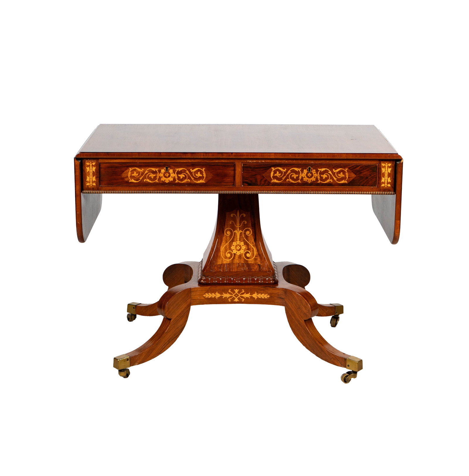 Regency Dropleaf Table with Marquetry Inlay: French, closed: 29 1/2 x 40 x 24 1/4 in., open: 29 1/2 x 61 1/2 x 24 1/4 in.