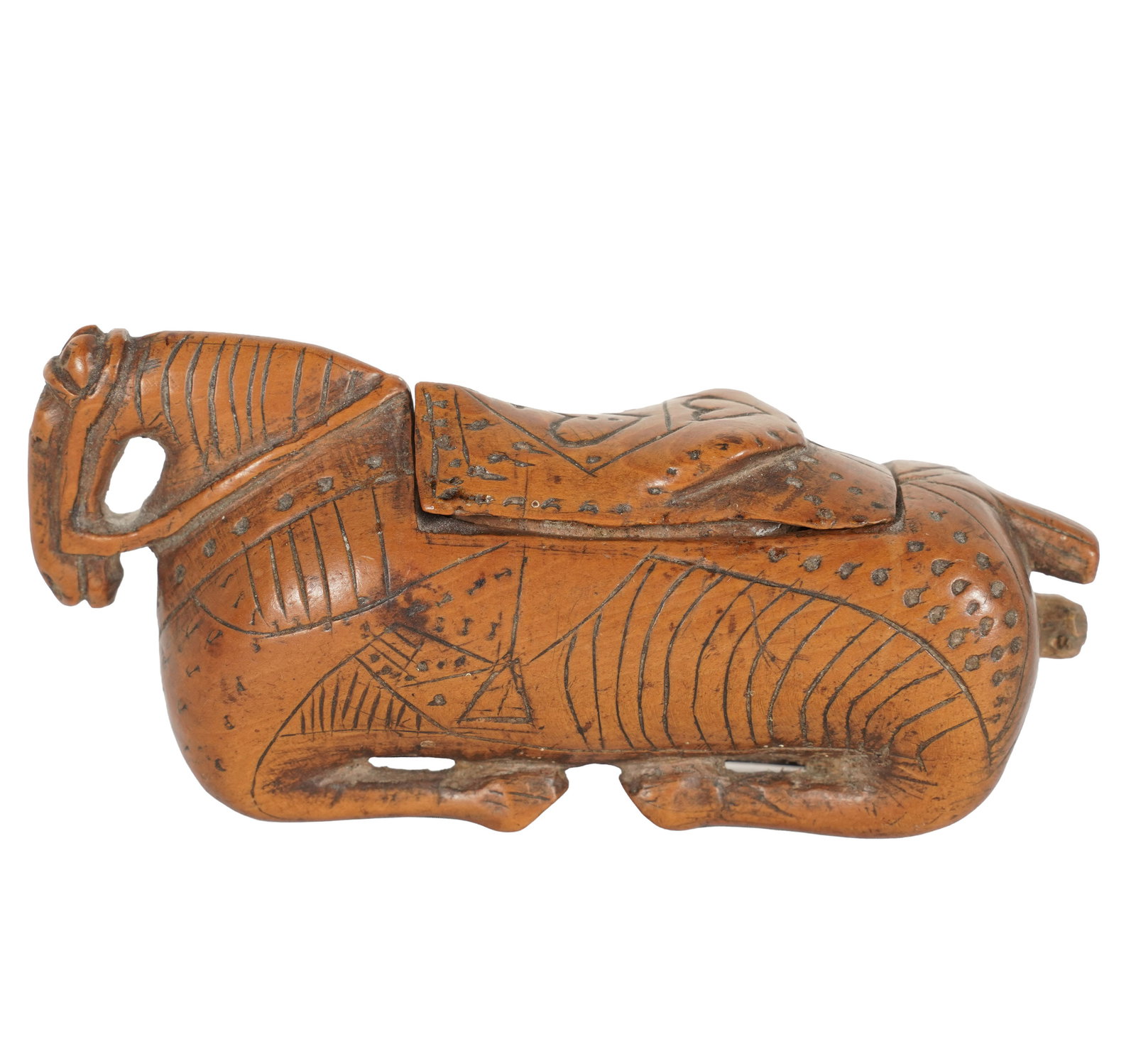 French Carved Horse Snuff Box, Treen.: Boxwood, carved, 18th century, original finish and condition, with rare back end dispensing location with plug.