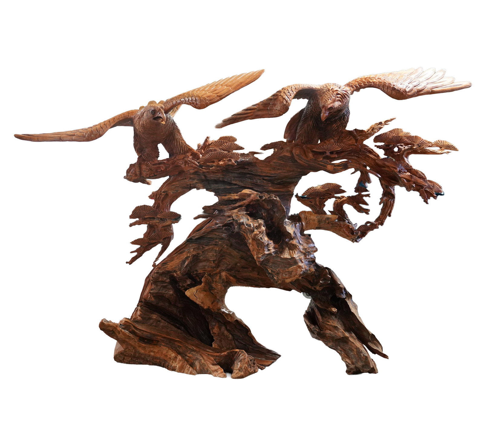 A Monumental Carved Wood Perched Eagles Sculpture: signed Fuko Inc. Dec. 1992 verso, 62 x 95 x 32 in.