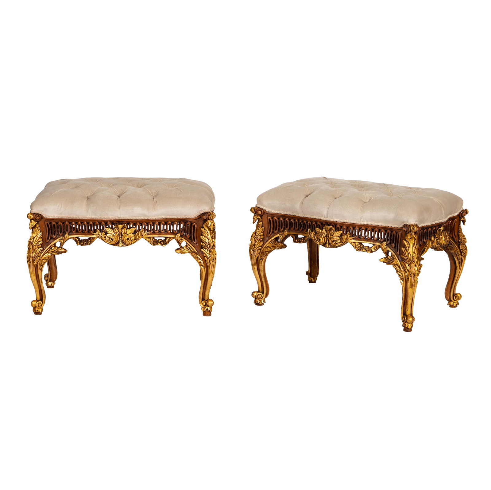 A Pair of Regence-Style Carved Wood and Parcel Gilt Upholstered Benches: 19 1/2 x 30 x 21 1/4 in.