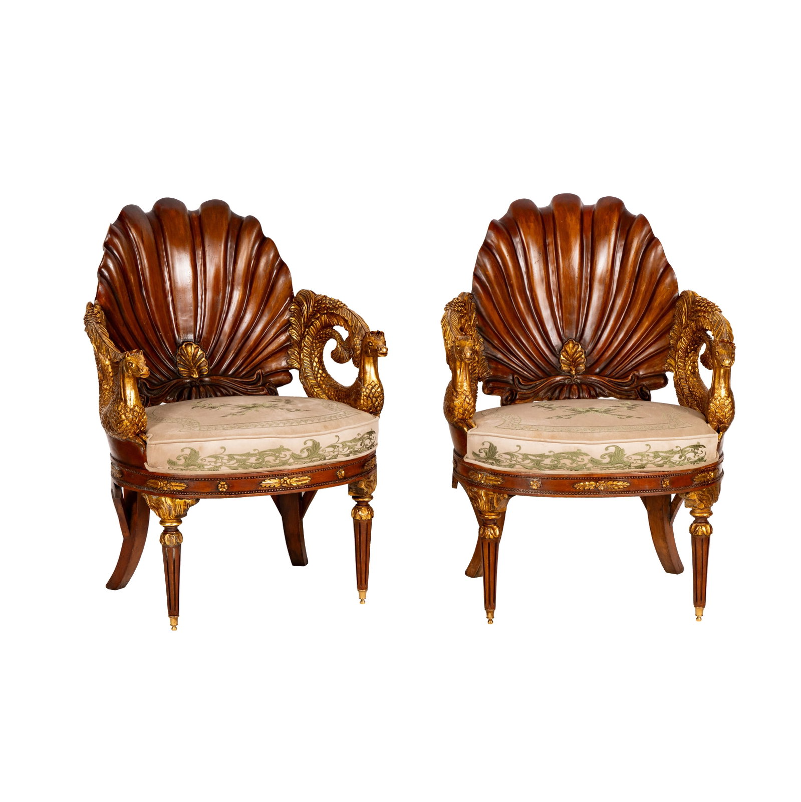 A Pair of Italian Grotto-Style Armchairs: with shell-shaped backs and horse motif, 38 x 28 x 30 in., seat height: 18 1/2 in.