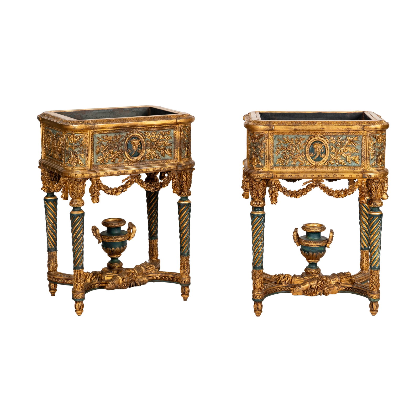 A Pair of Italian Neoclassical-Style painted and Parcel Gilt Planters: with metal liners, 39 1/4 x 28 1/4 x 22 1/4 in. Property from a Pelican Point Estate, Newport Coast, CA