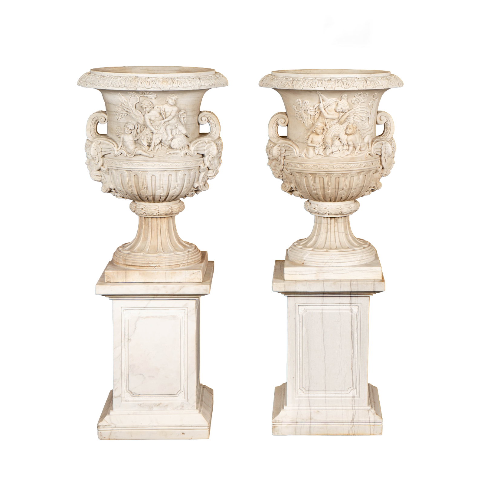 A Pair of Italian Neoclassical Carrara Marble Urns on Pedestals (1 of 20)