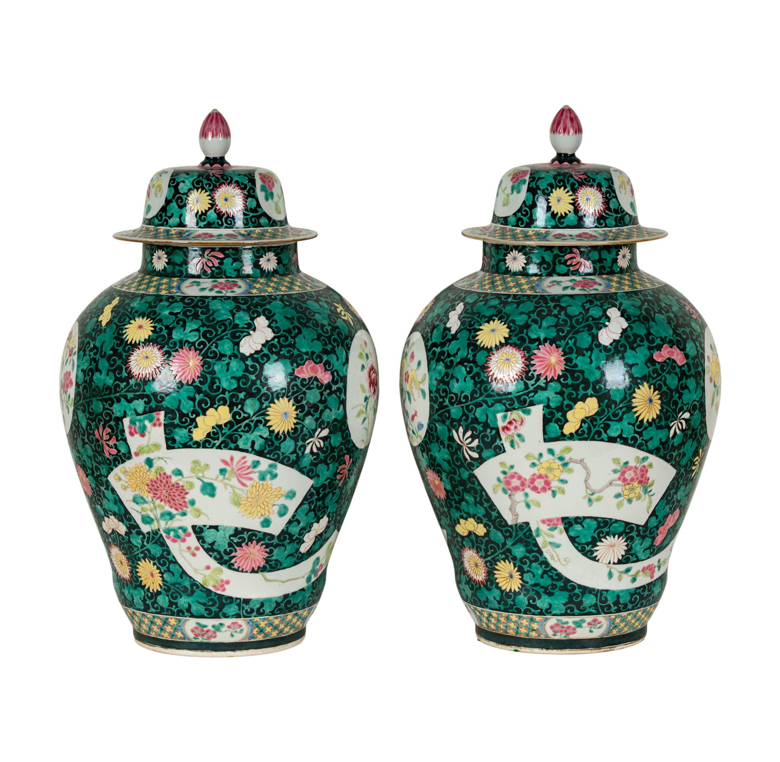A Pair of Chinese Famille Verte Porcelain Jars and Covers: unmarked; each 25 in. high