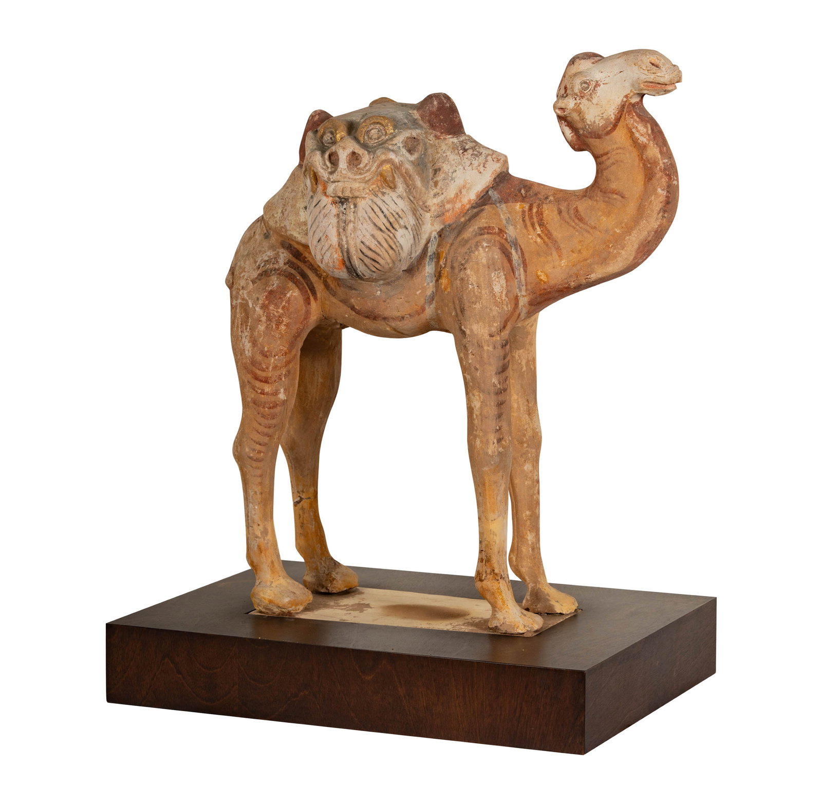 Chinese Tang Pottery Camel: inset to wood base, camel: 22 x 18 x 8 1/2 in., overall: 25 1/2 x 19 1/2 x 14 1/2 in.