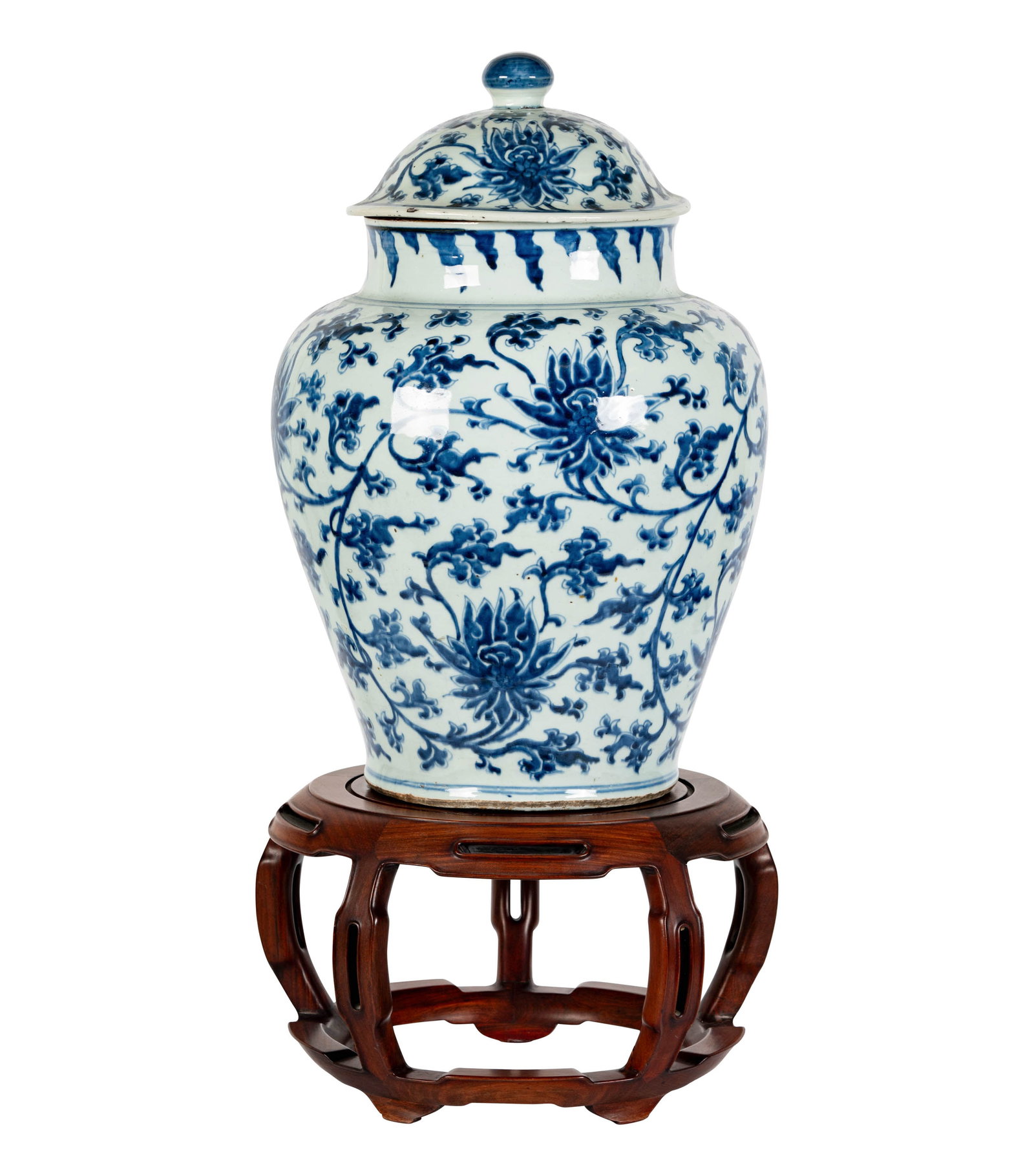 Chinese Blue and White Porcelain Kangxi Jar: on wood stand, jar: 20 x 13 in., overall: 28 in. high