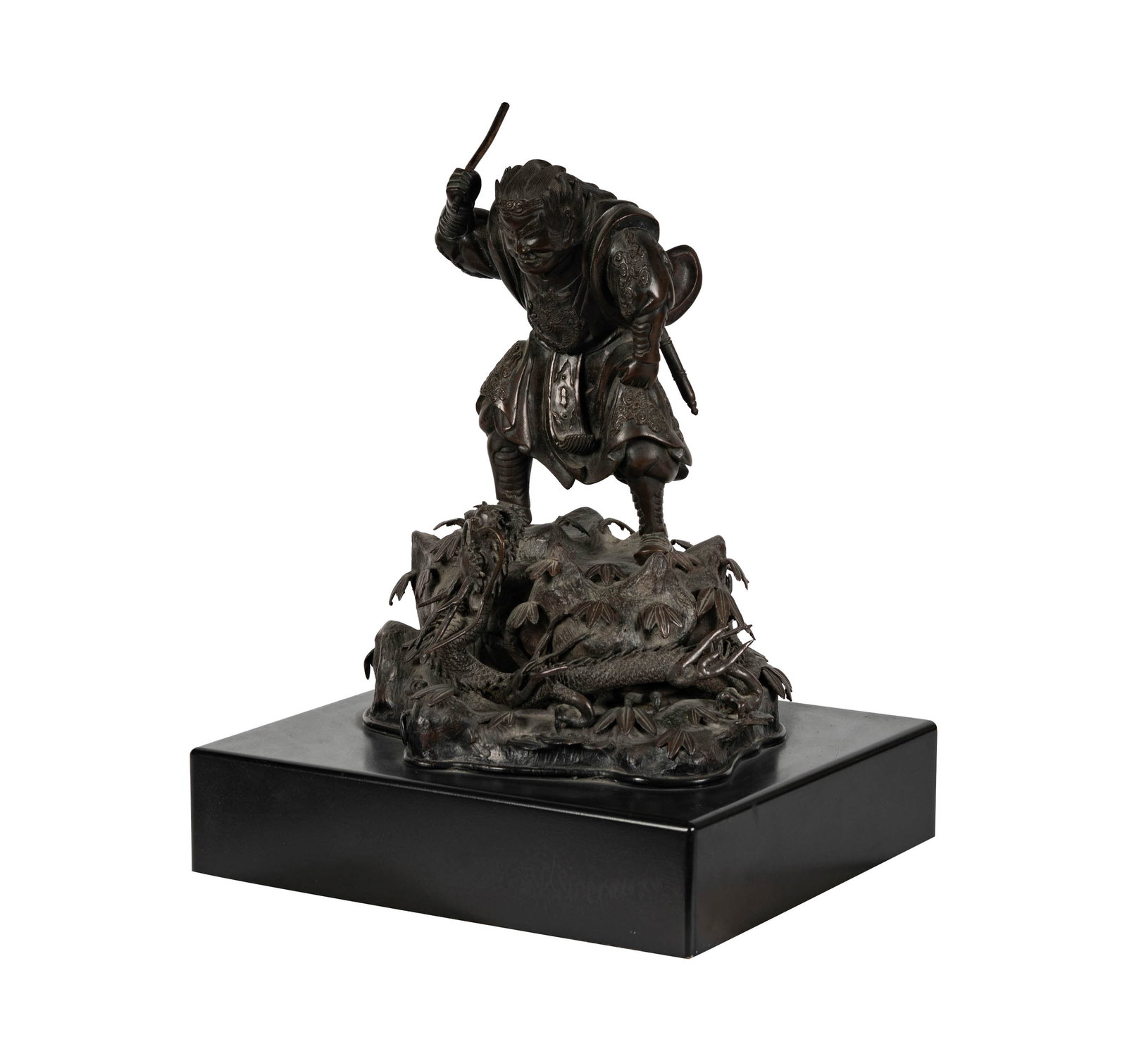 Japanese Bronze Figure of a Warrior and Dragon: on wood base, figure: 14 3/4 x 10 x 9 in., overall: 17 3/4 x 13 1/2 x 12 in.