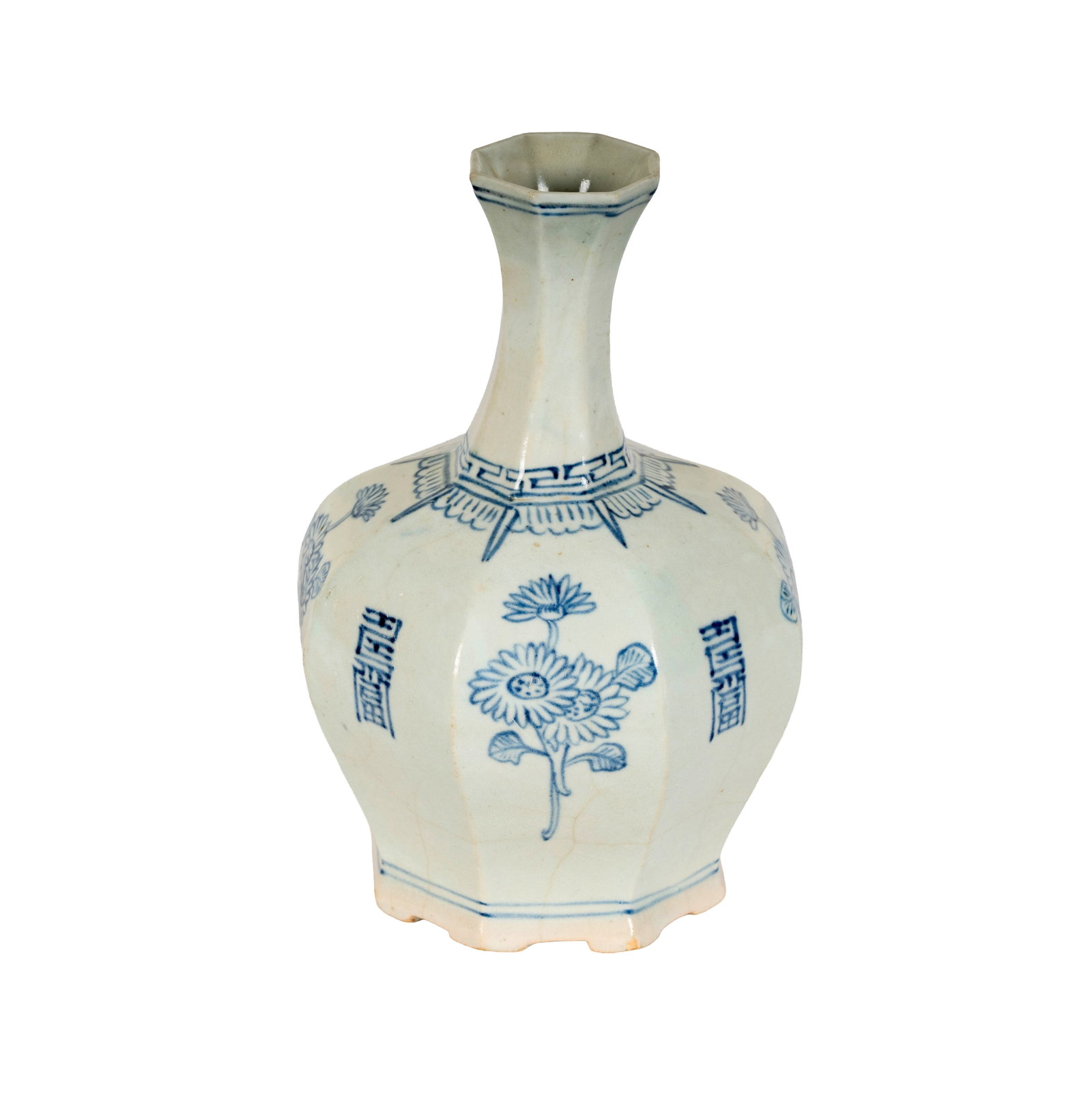 A Korean Blue and White Octagonal Porcelain Vase: chrysanthemum and longevity design, 7 x 5 1/2 in.