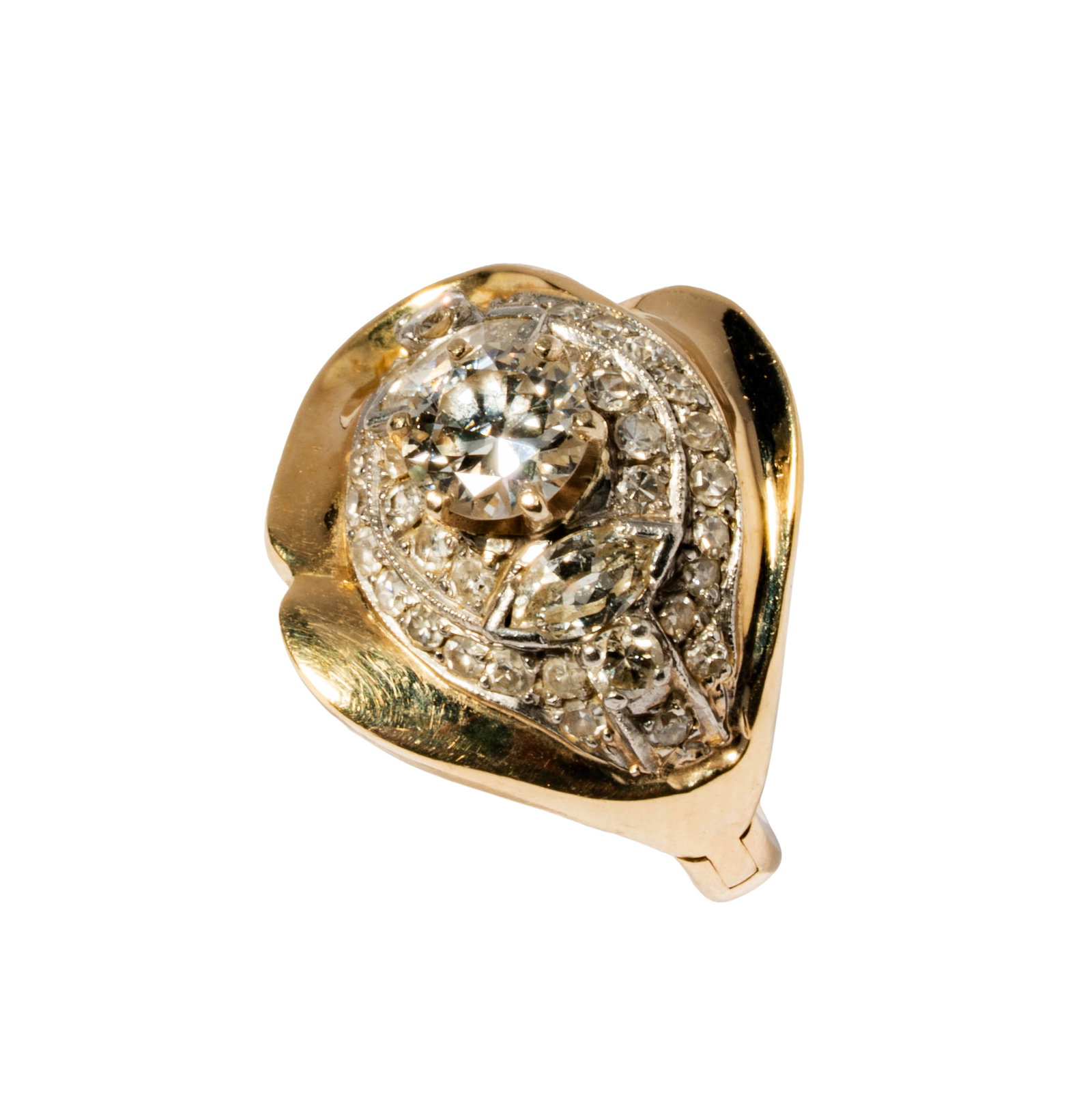 14 Karat Yellow Gold Diamond Ring: Including one 14 karat yellow and white gold diamond ring, centering one round brilliant cut diamond [H-J/VS-SI] weighing approximately 0.80 carats, and accented with 38 mixed-cut diamonds [I-K/SI-3]