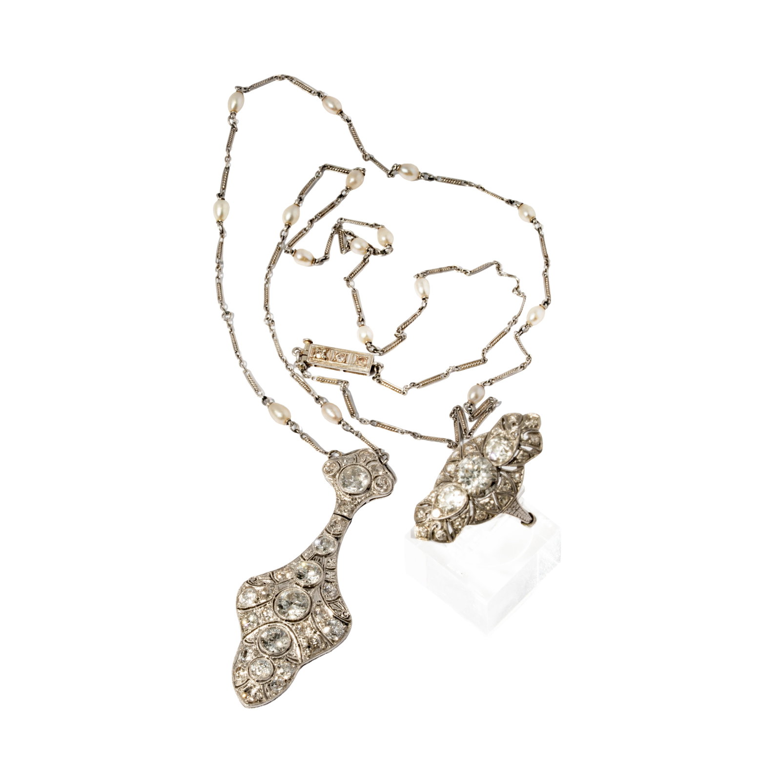 Art Deco Platinum and Diamond Necklace with Ring (1 of 13)