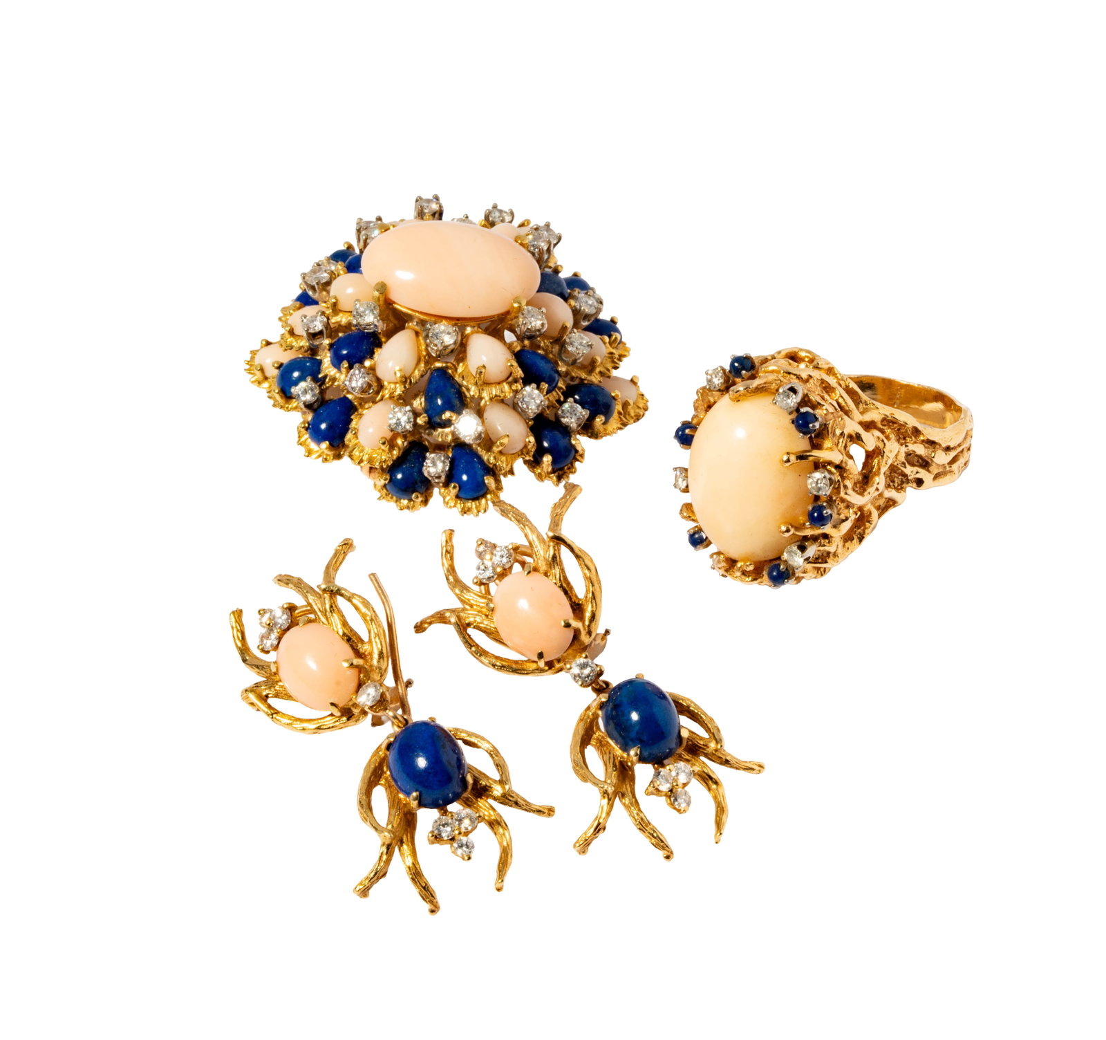 14 Karat Yellow Gold Coral, Lapis, and Diamond Suite: Including one group of 14 karat yellow gold coral, lapis, and diamond, earrings, ring and brooch; one pair of 14 karat earrings set with cabochon coral measuring approximately 10mm x 8mm, cabochon lap
