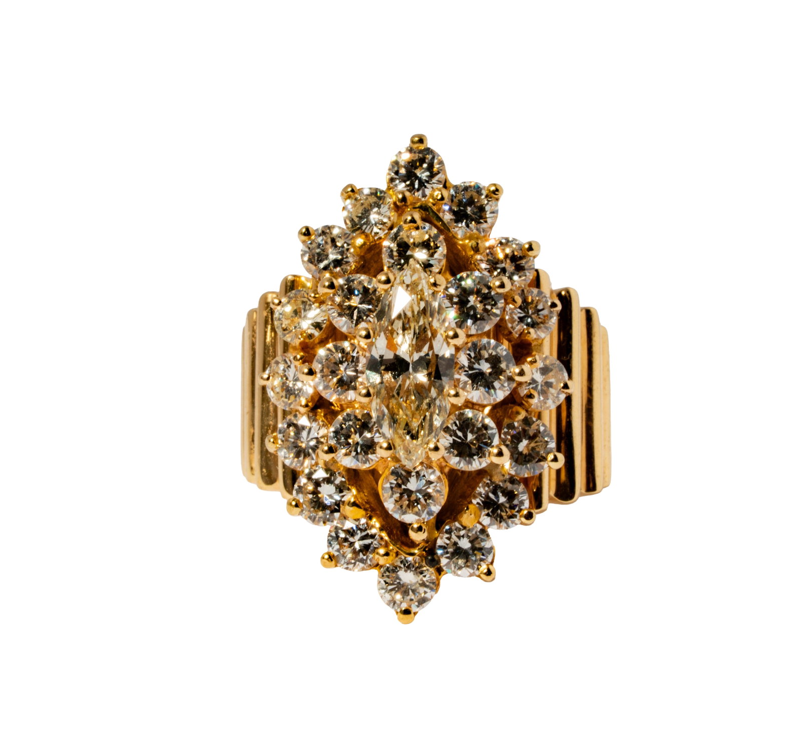 14 Karat Yellow Gold Diamond Ring: Including one 14 karat yellow gold diamond ring, centering one marquise diamond [L-N/VS2] weighing approximately 0.80 carats, and accented with 24 full-cut diamonds [I-K/SI] weighing approximately