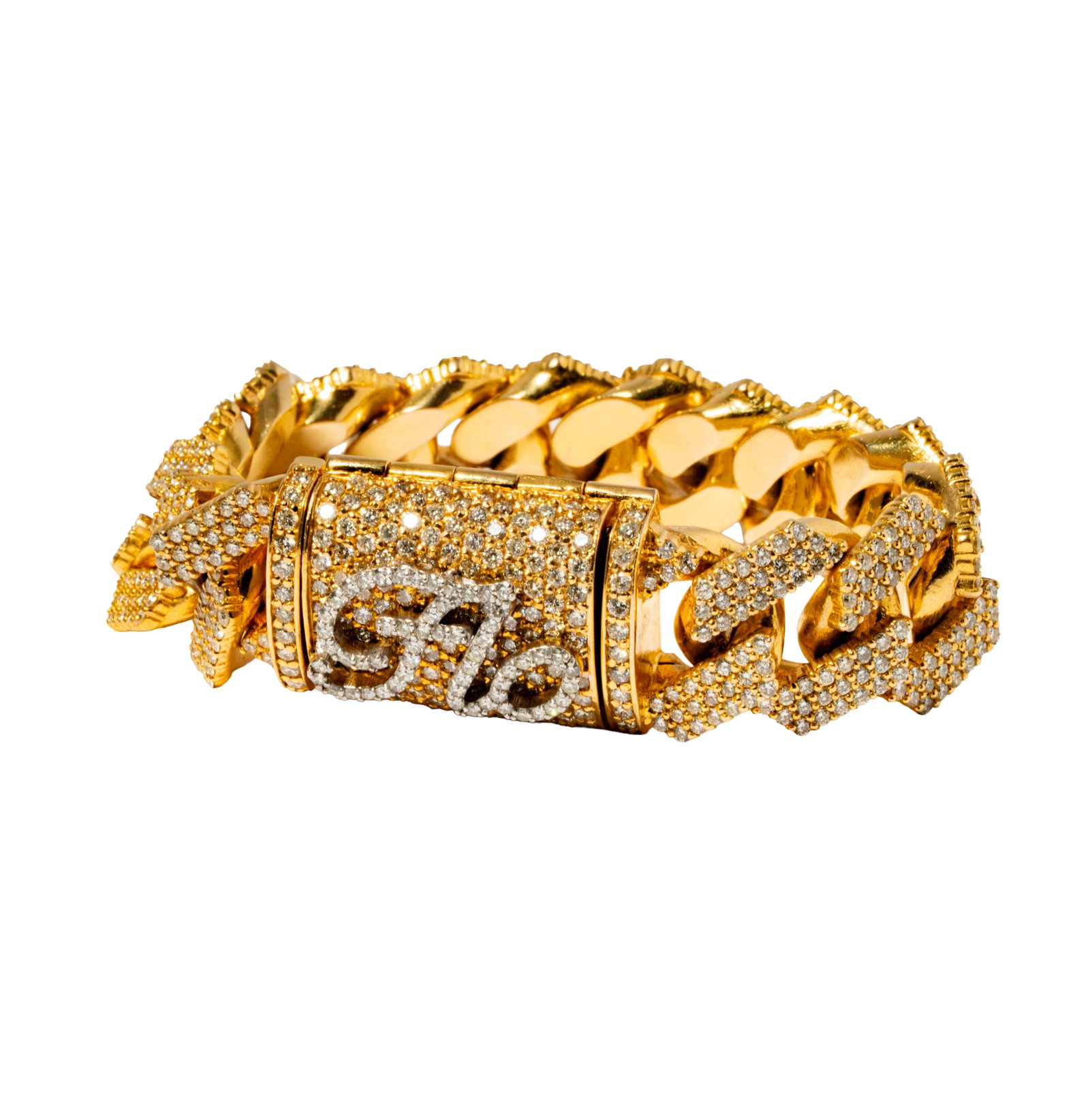 14 Karat Yellow Gold Diamond Cuban Link Bracelet: Including one 14 karat yellow gold and diamond cuban link bracelet, set with 830+ small round full-cut diamonds [H-J/SI-3] each measuring 1.2-1.3mm and weighing approximately 0.01 carat each,
