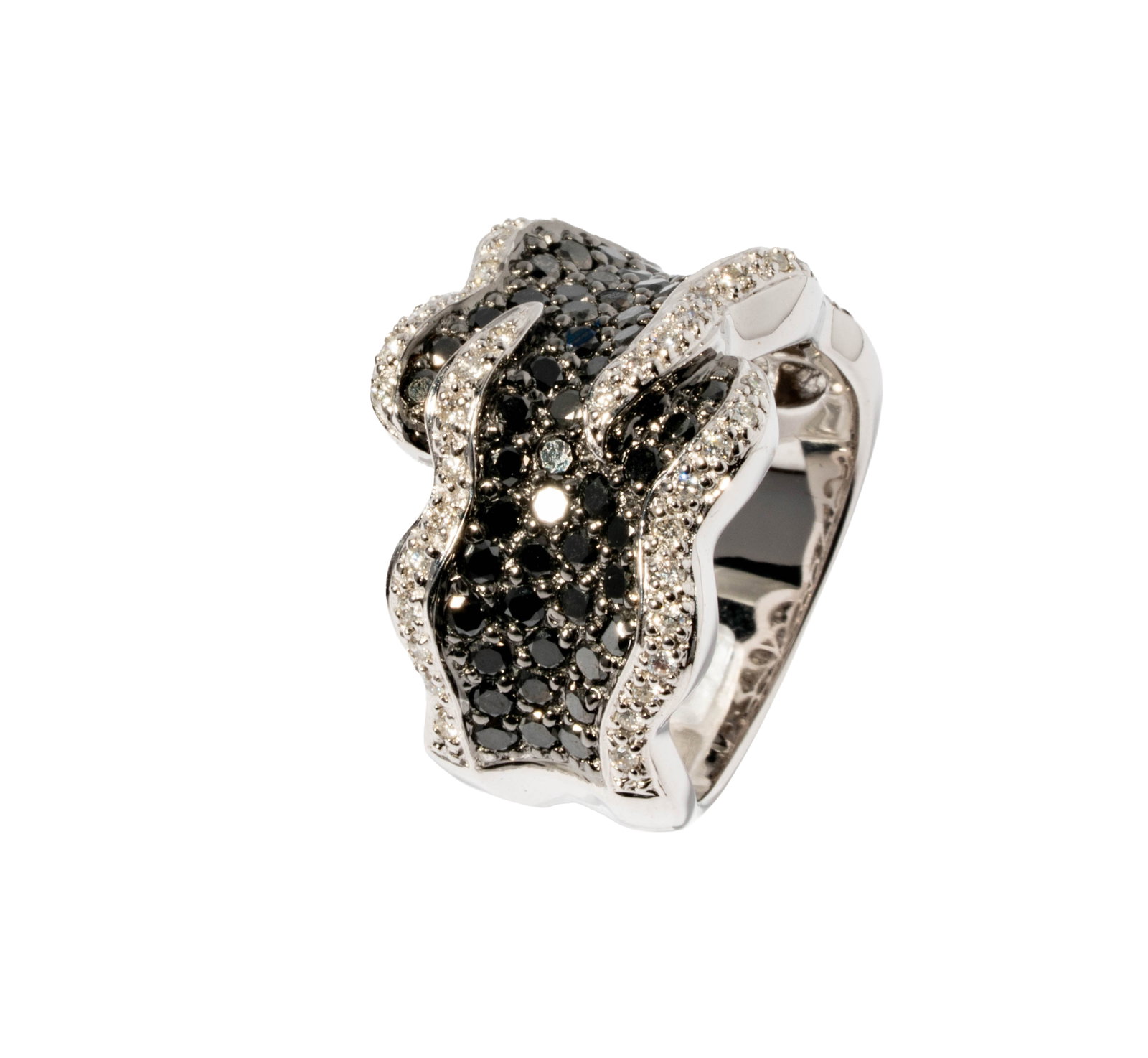 14 Karat White Gold Diamond Band: Including one 14 karat white gold diamond ring, set with 56 small round full-cut black diamonds weighing approximately 1.60 carats and accented with 42 small round full-cut diamonds weighing approxima