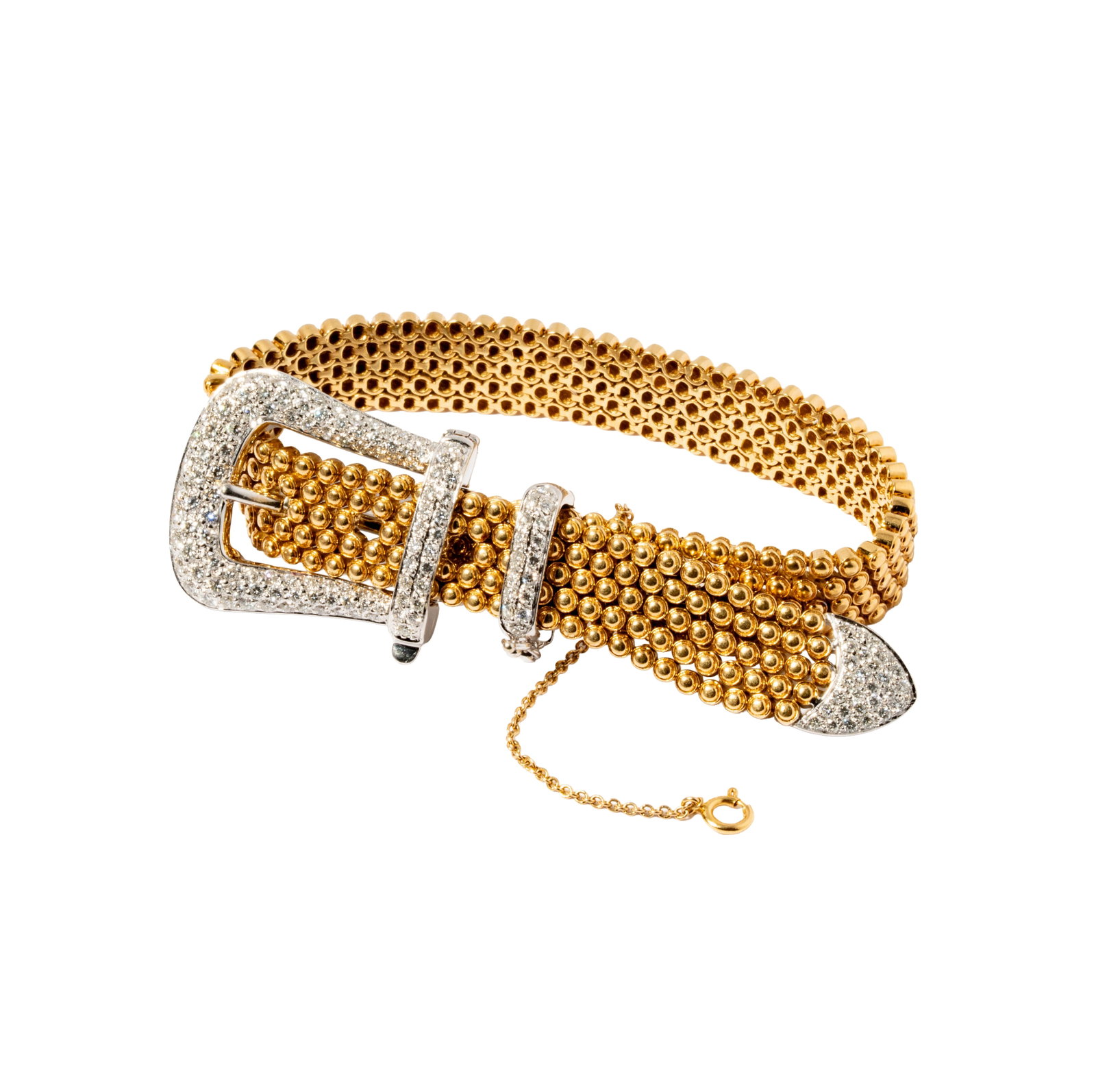 18 Karat Gold and Diamond Belt Bracelet: Including one 18 karat yellow and white gold diamond belt bracelet, set with 150 small round full-cut diamonds [H-J/VVS2-VS1] weighing approximately 2.25 carats; measuring 8-15/16 inches long by 7/8